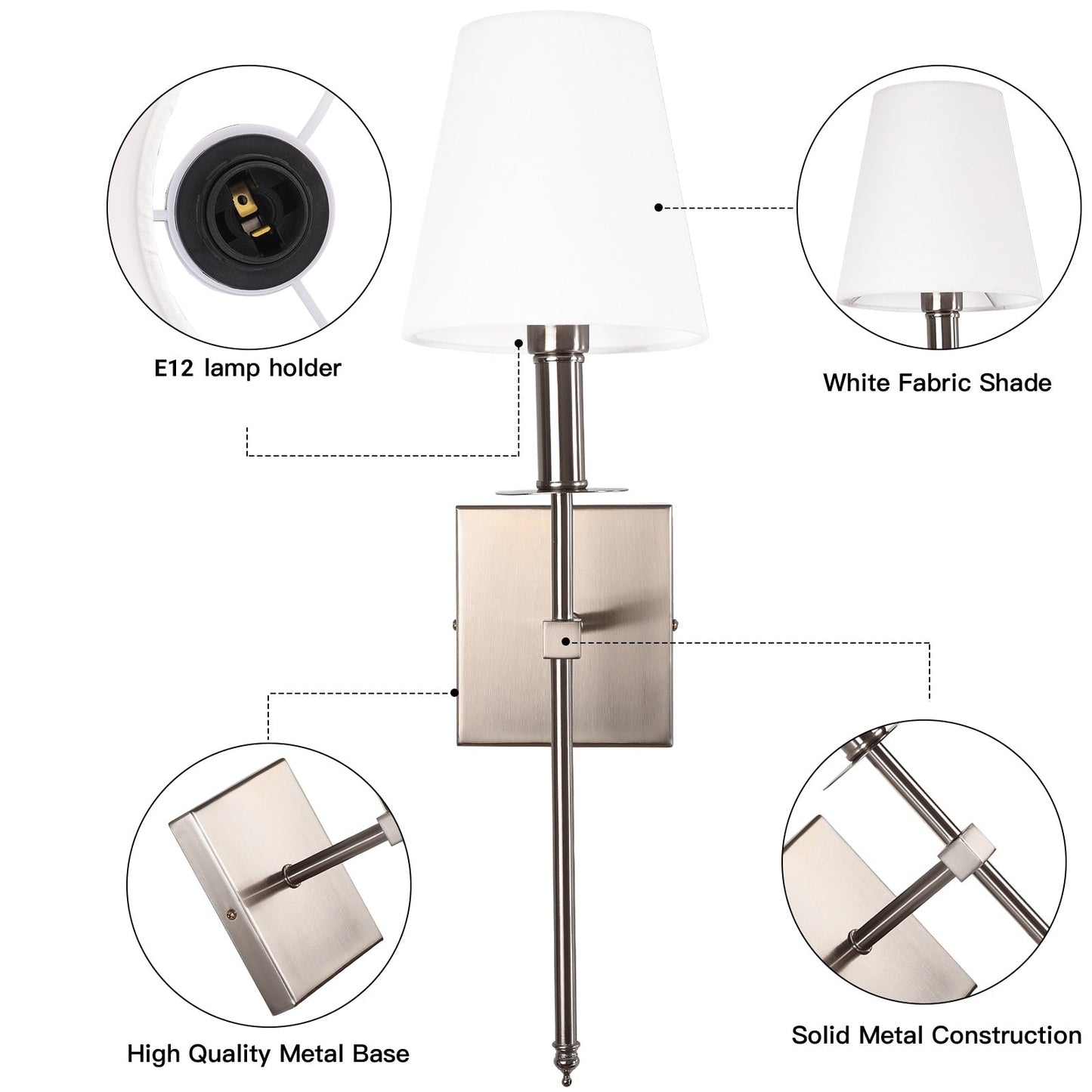 1-Light Wall Sconce with White Fabric Shade