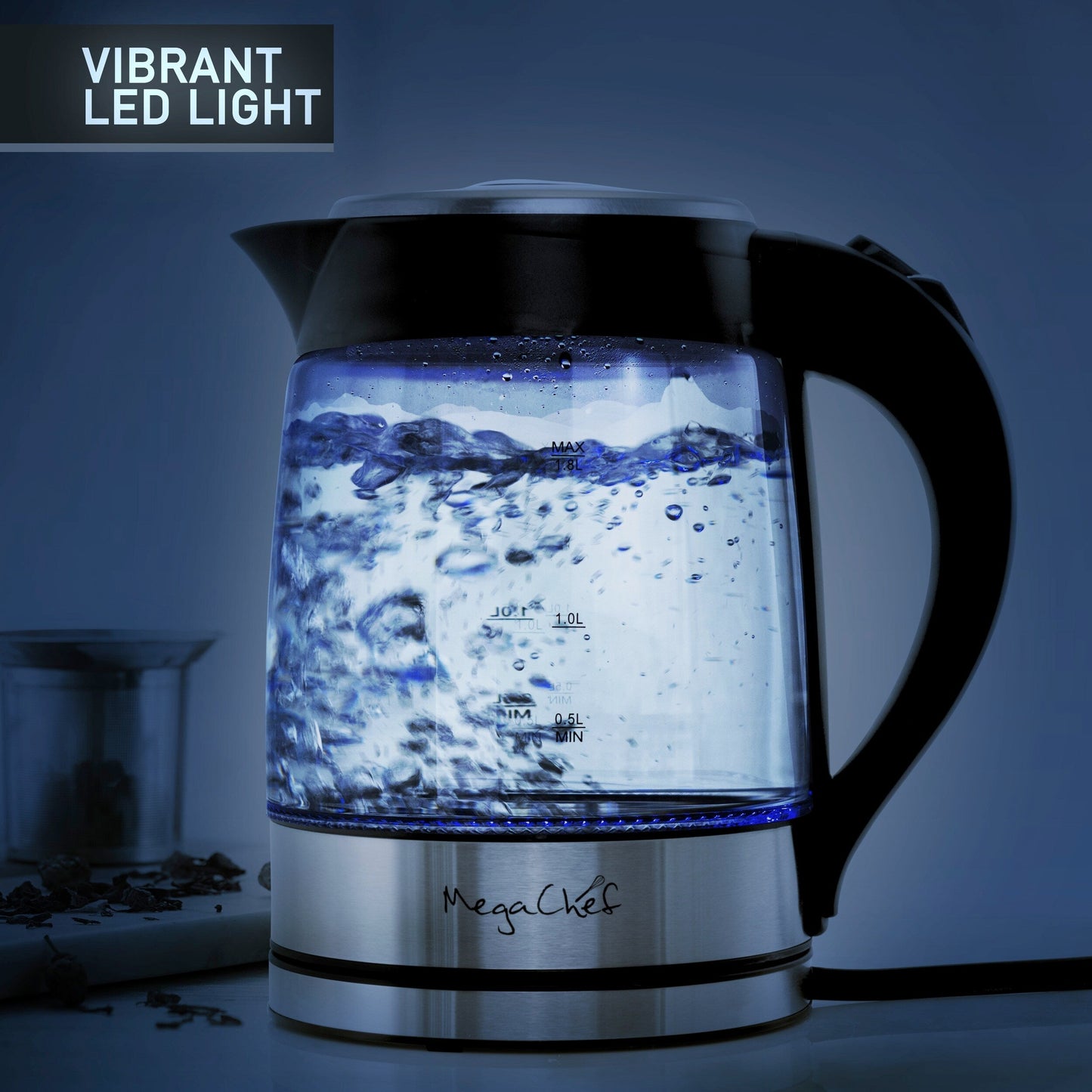 1.8L Rapid Boil Cordless Serving Electric Glass Tea Kettle in Silver