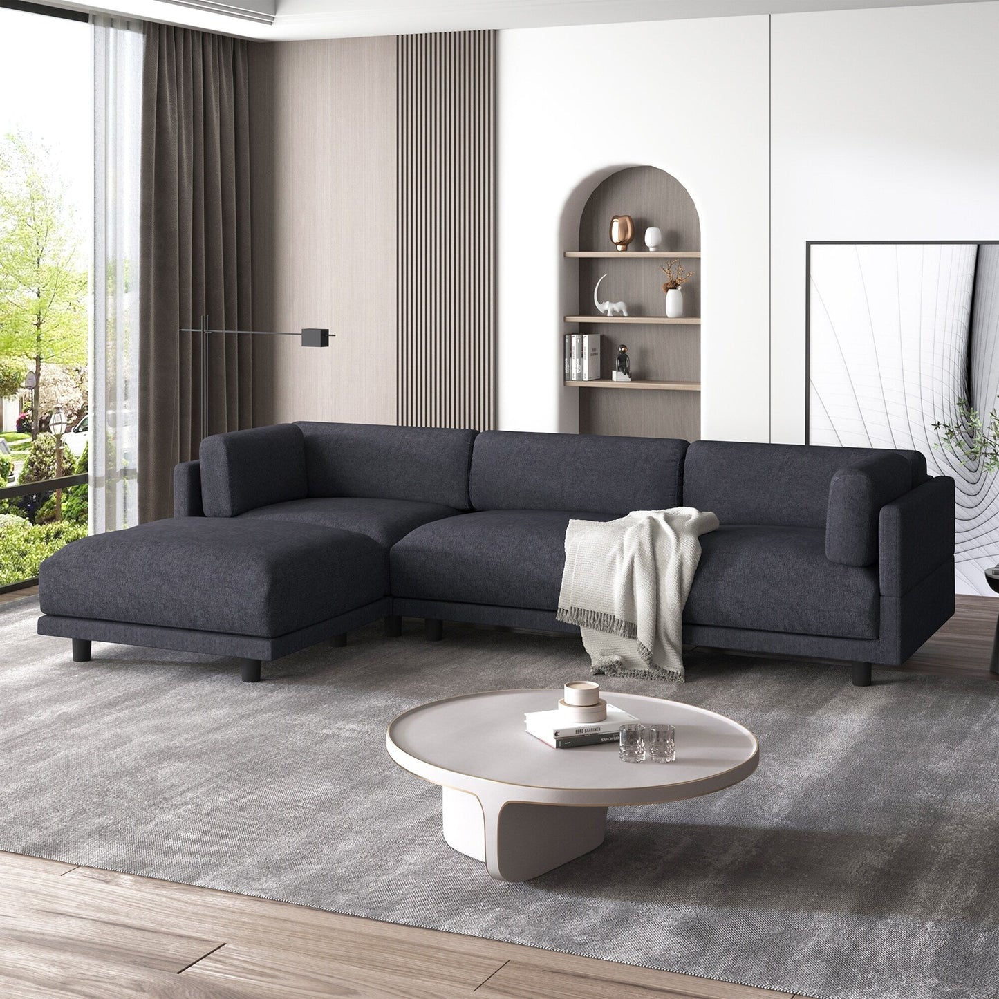 Canapé sectionnel en polyester 102,4 en forme de L avec repose-pieds réversible, coussins épais et pieds en plastique