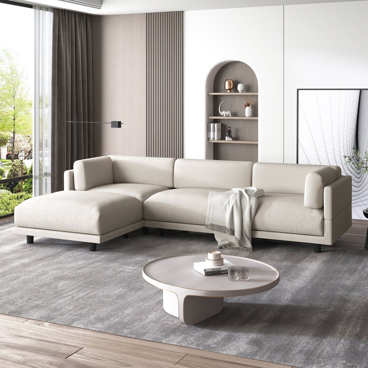 Canapé sectionnel en polyester 102,4 en forme de L avec repose-pieds réversible, coussins épais et pieds en plastique