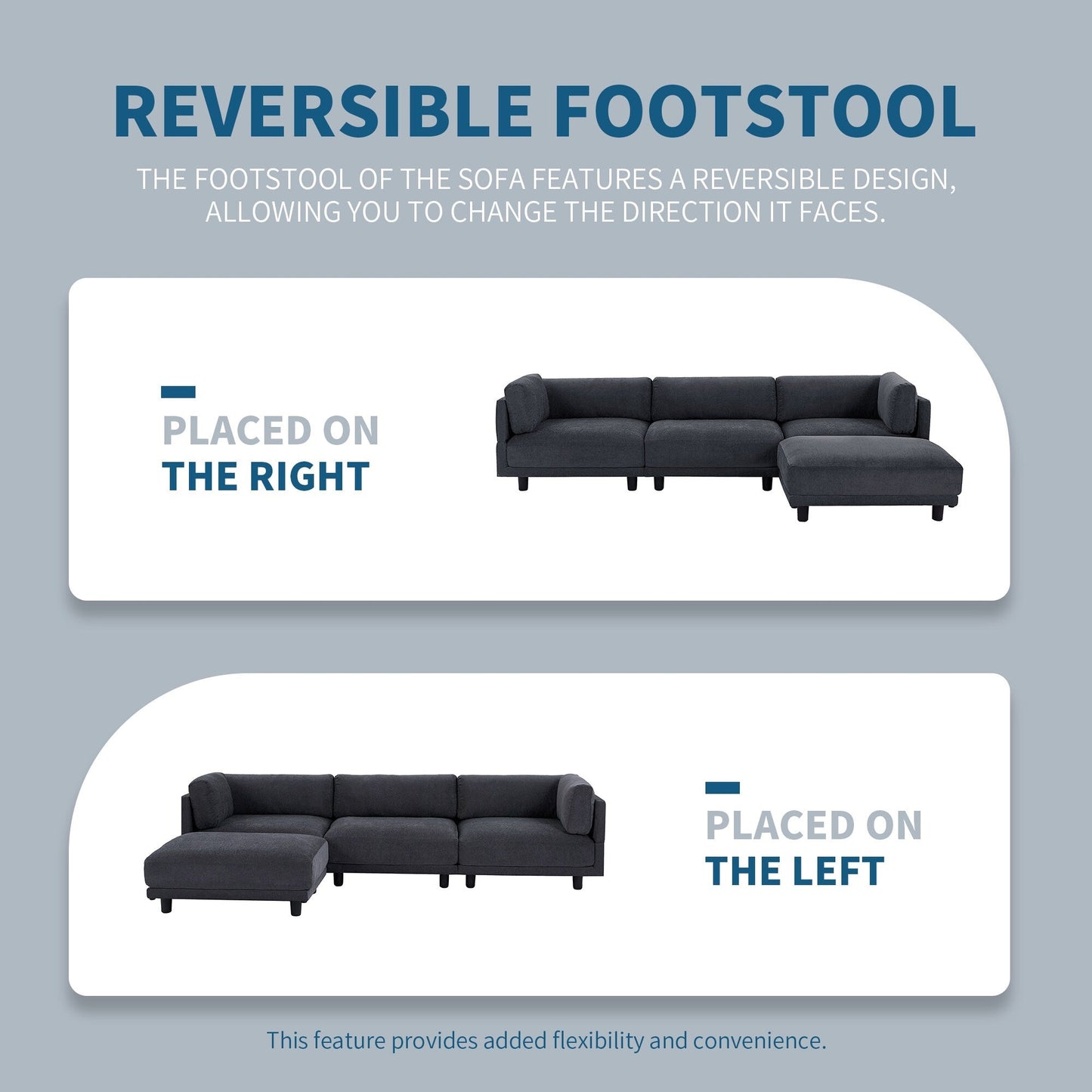 Canapé sectionnel en polyester 102,4 en forme de L avec repose-pieds réversible, coussins épais et pieds en plastique