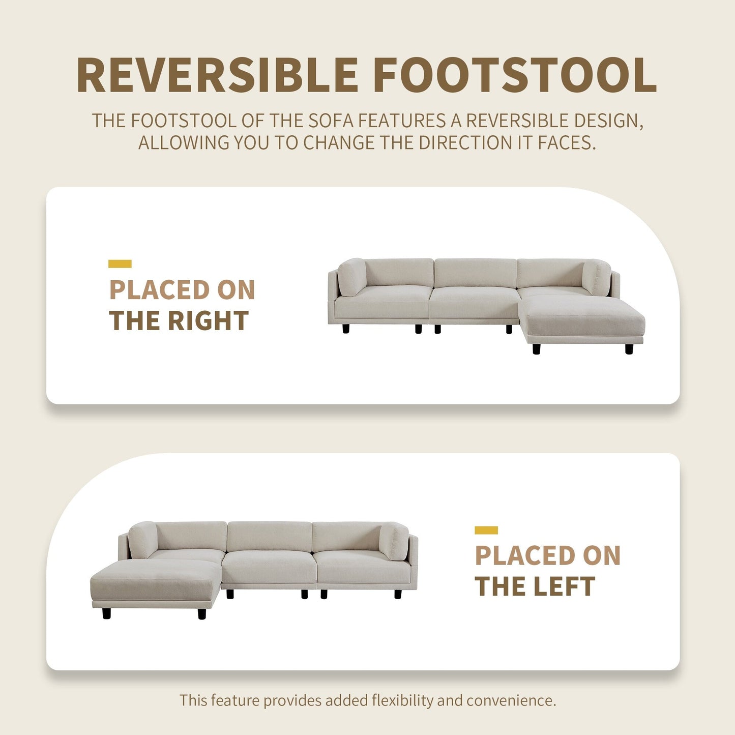 Canapé sectionnel en polyester 102,4 en forme de L avec repose-pieds réversible, coussins épais et pieds en plastique