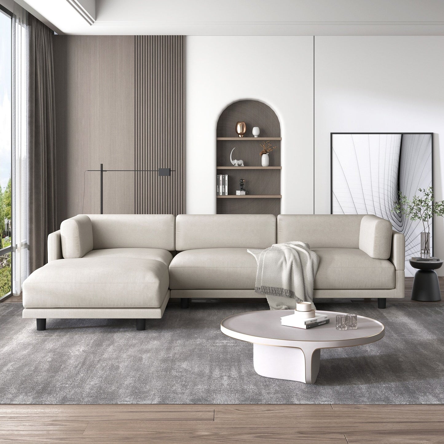 Canapé sectionnel en polyester 102,4 en forme de L avec repose-pieds réversible, coussins épais et pieds en plastique
