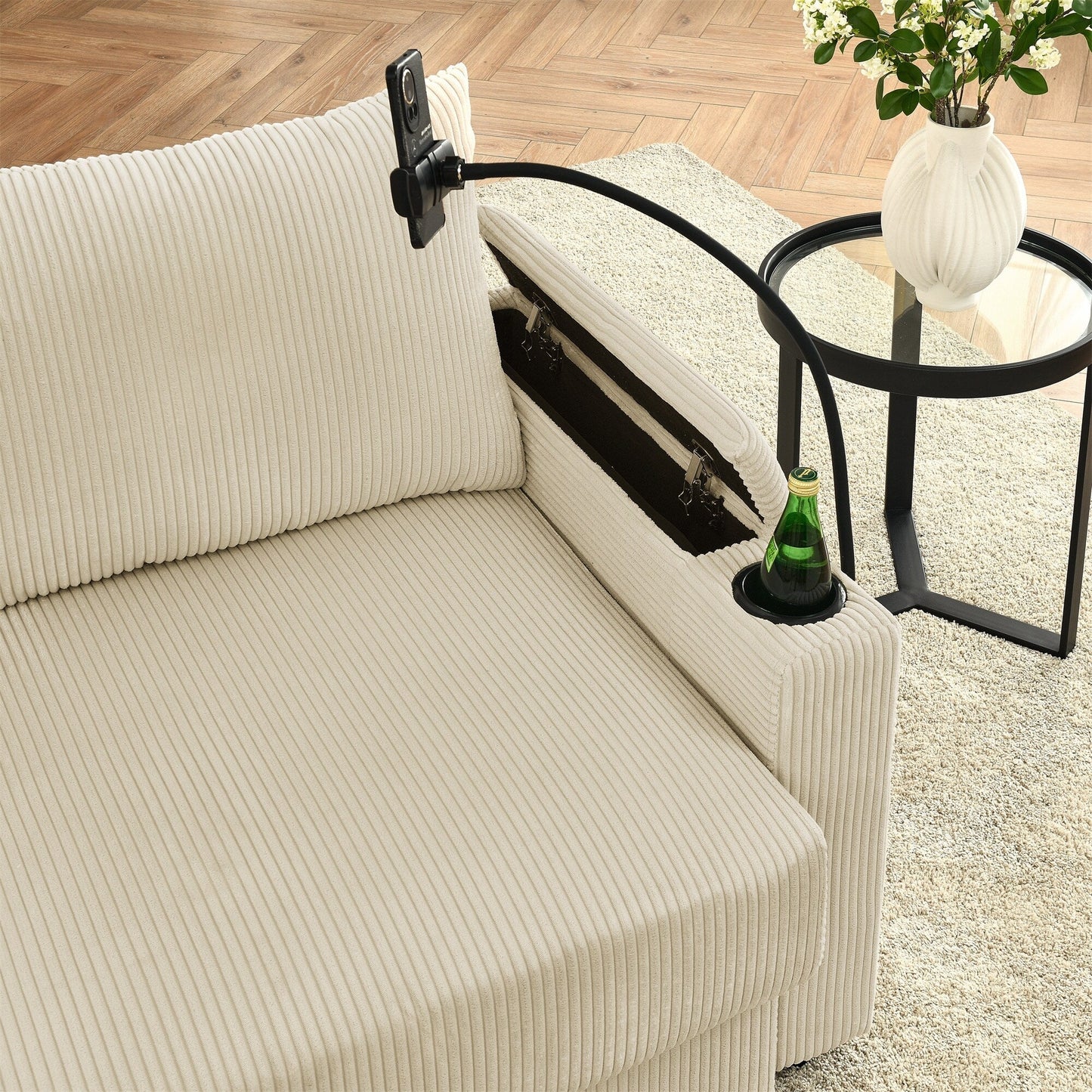Canapé 3 places moderne en velours côtelé, assise profonde, avec porte-gobelets et support pour téléphone