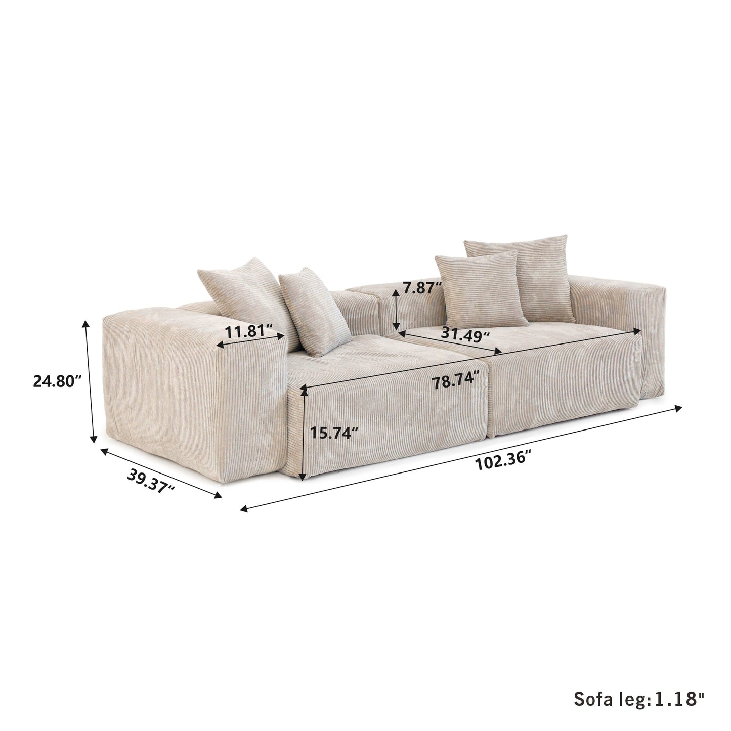 Canapé causeuse modulaire en velours côtelé de 102 po, grand format, style nuage