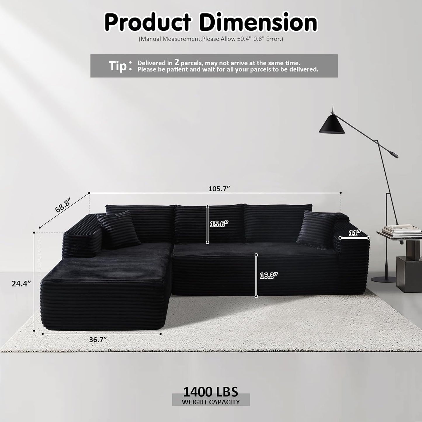 Canapé sectionnel Cloud en forme de L 104 - Canapé modulaire à assise profonde pour salon et chambre, sans assemblage