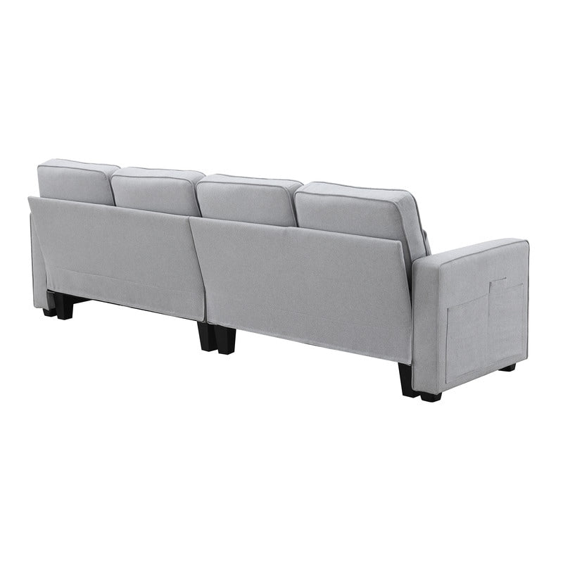 Canapé rembourré 4 places avec poches pour accoudoirs et 4 coussins, canapé moderne en lin de style minimaliste