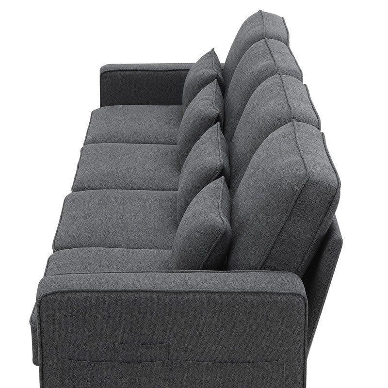 Canapé rembourré 4 places avec poches pour accoudoirs et 4 coussins, canapé moderne en lin de style minimaliste