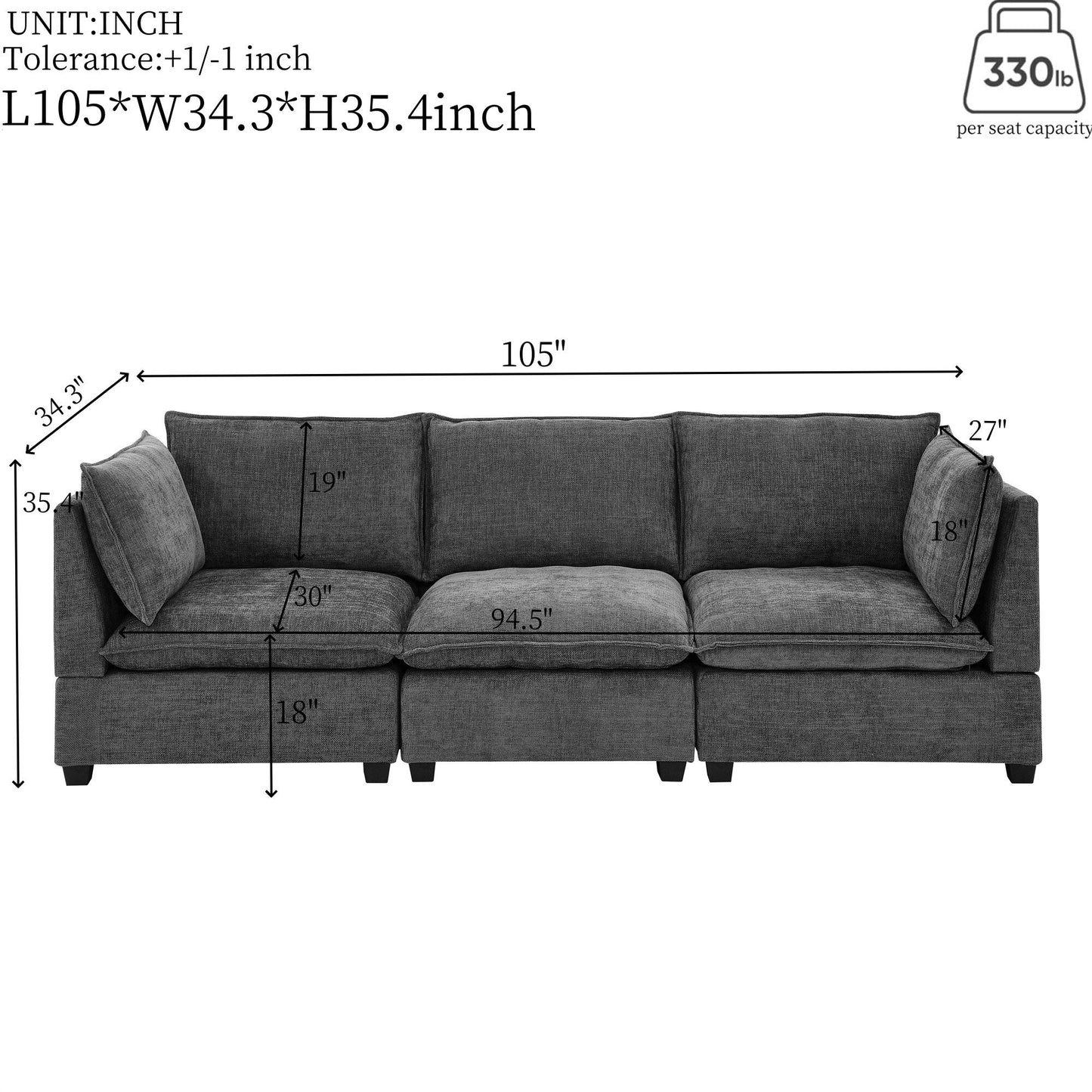 Canapé 3 places en chenille 105 avec coussins à 2 couches et mousse haute résilience