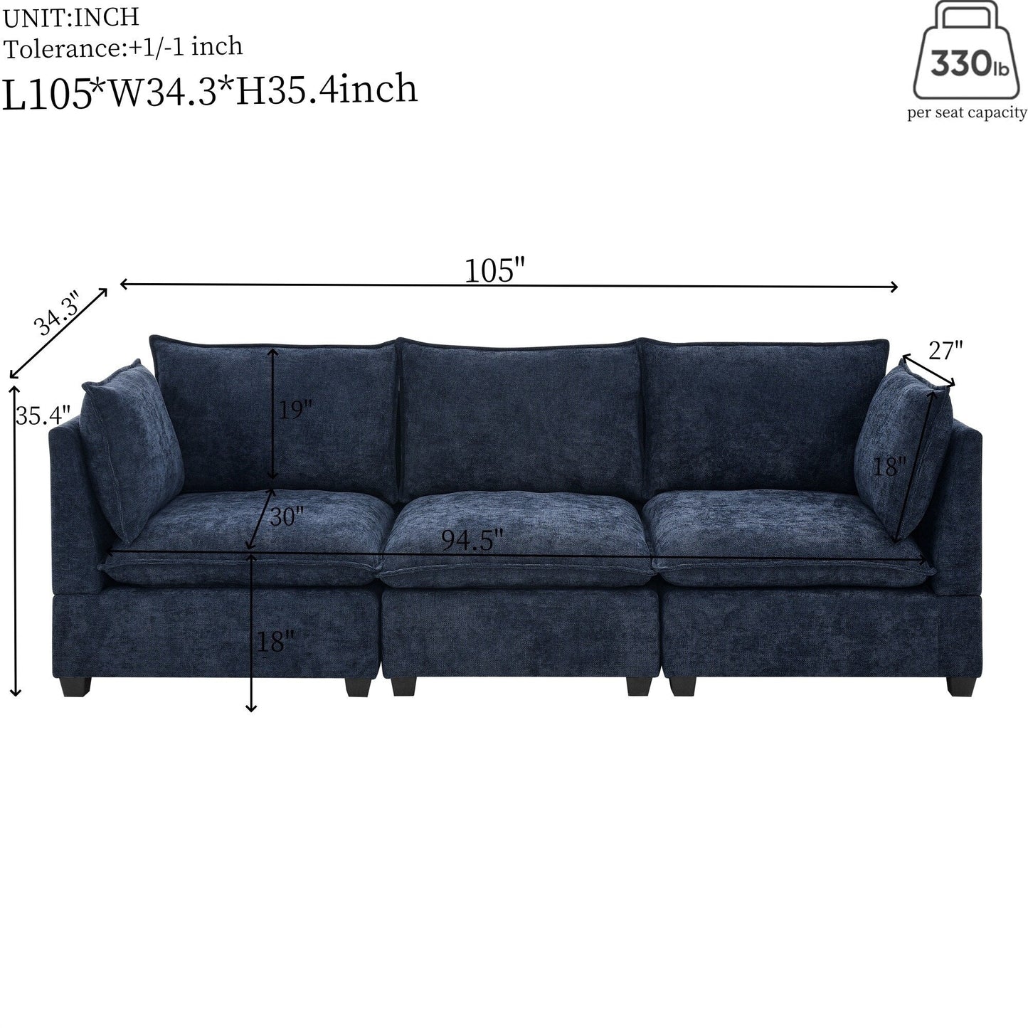 Canapé 3 places en chenille 105 avec coussins à 2 couches et mousse haute résilience