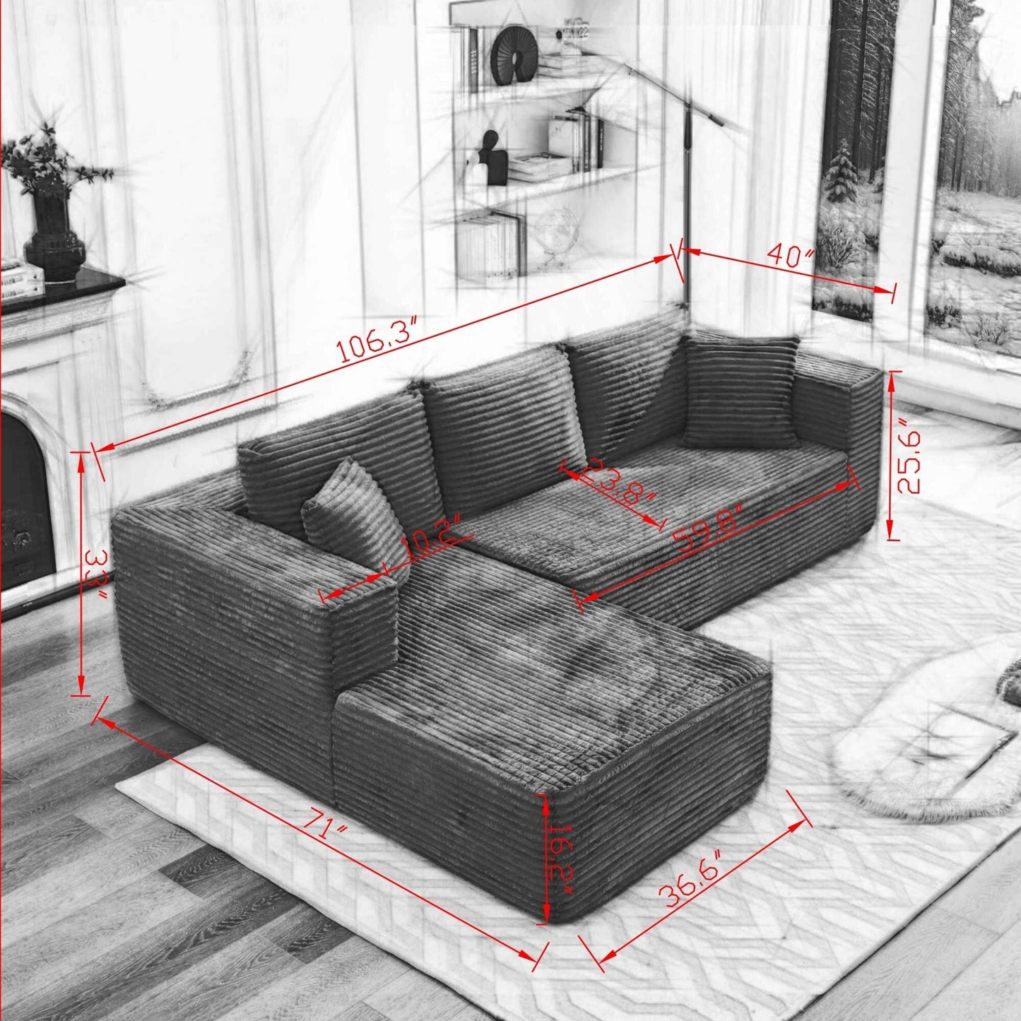 Canapé sectionnel Cloud 106 en forme de L avec méridienne orientée vers la gauche, canapé modulaire moderne à assise profonde pour salon, aucun assemblage requis