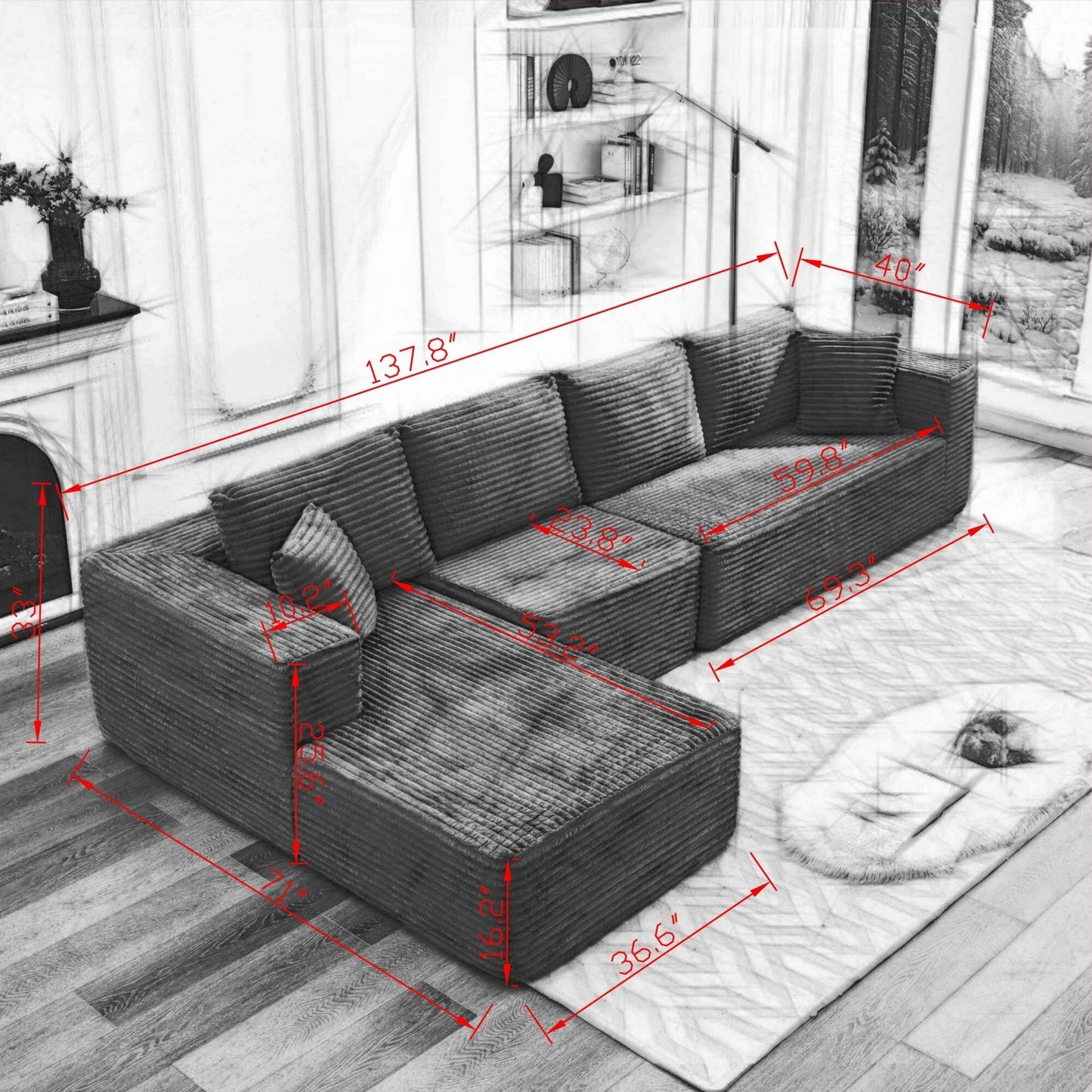 Canapé sectionnel Cloud 106 en forme de L avec méridienne orientée vers la gauche, canapé modulaire moderne à assise profonde pour salon, aucun assemblage requis