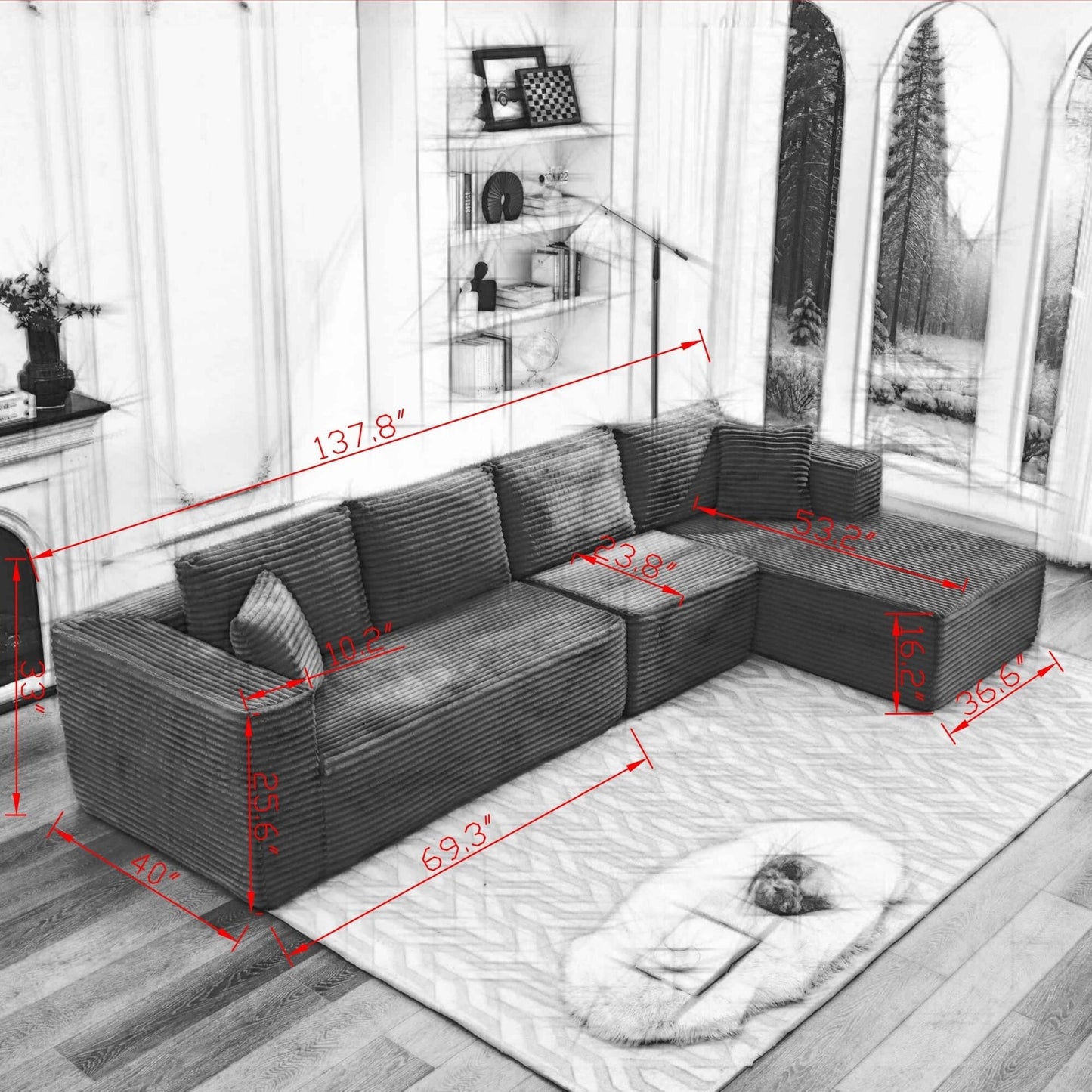 Canapé sectionnel Cloud 106 en forme de L avec méridienne orientée vers la droite, canapé modulaire moderne à assise profonde pour salon, aucun assemblage requis