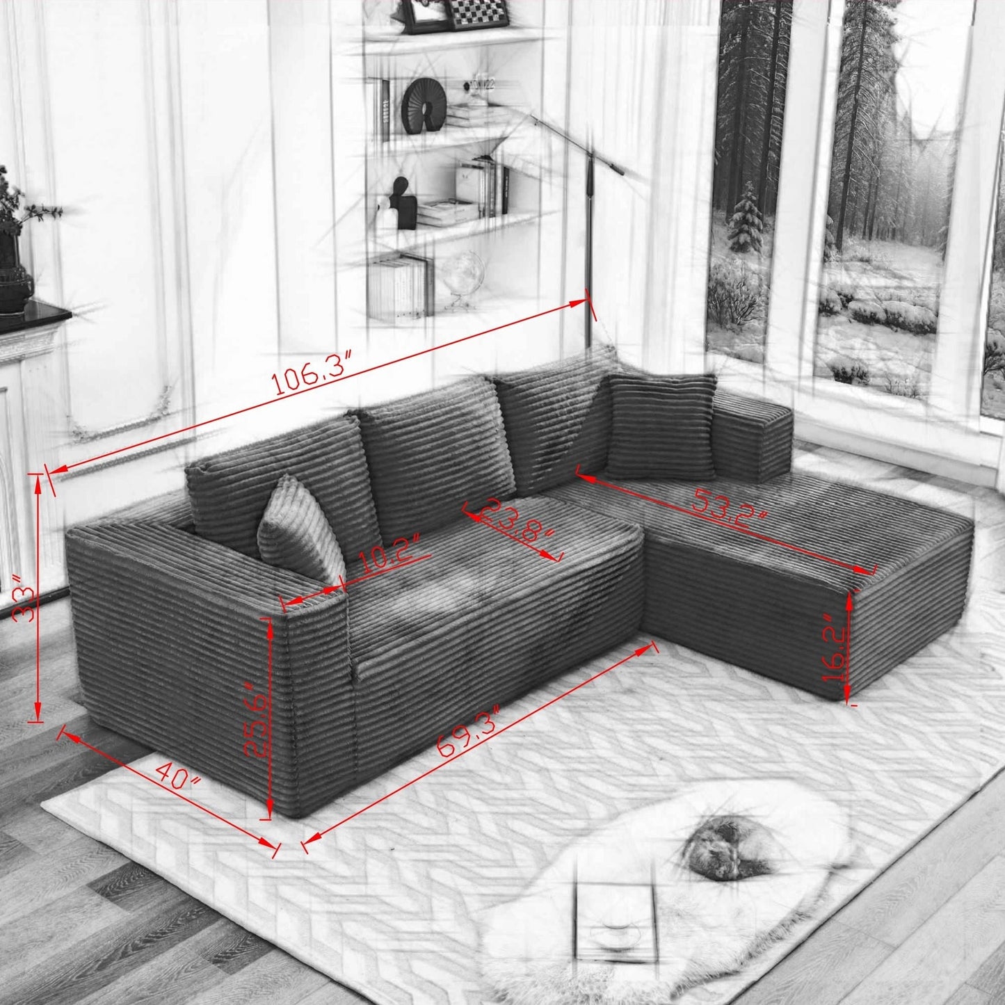 Canapé sectionnel Cloud 106 en forme de L avec méridienne orientée vers la droite, canapé modulaire moderne à assise profonde pour salon, aucun assemblage requis