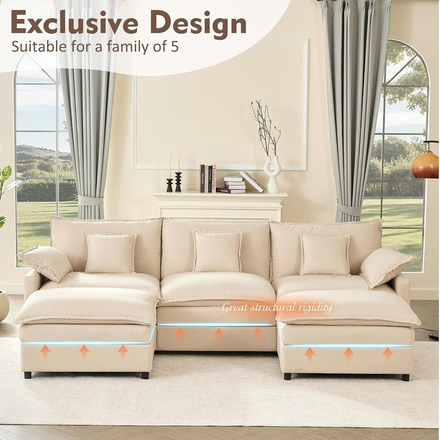 Canapé modulaire sectionnel en L 108 - Canapé Cloud 3 places avec pouf amovible et assise profonde, tissu en lin beige