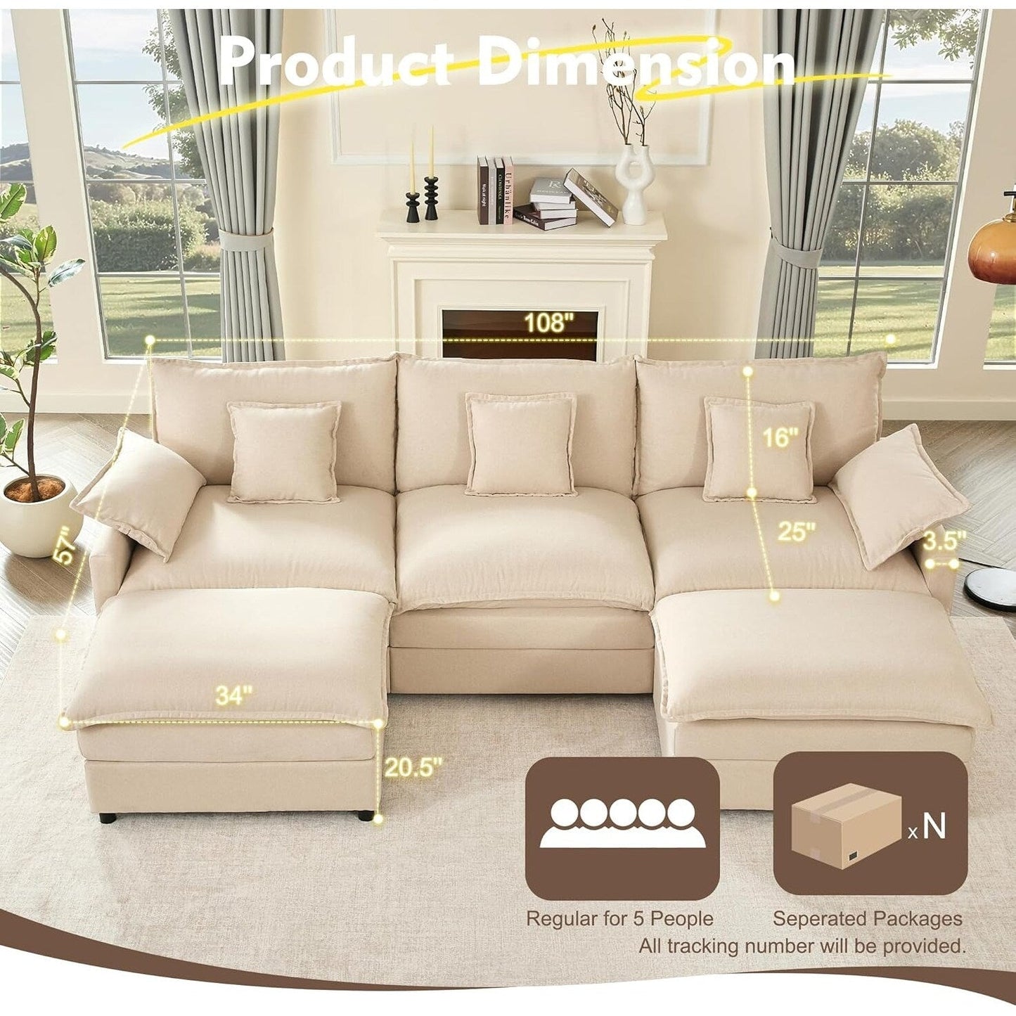 Canapé modulaire sectionnel en L 108 - Canapé Cloud 3 places avec pouf amovible et assise profonde, tissu en lin beige