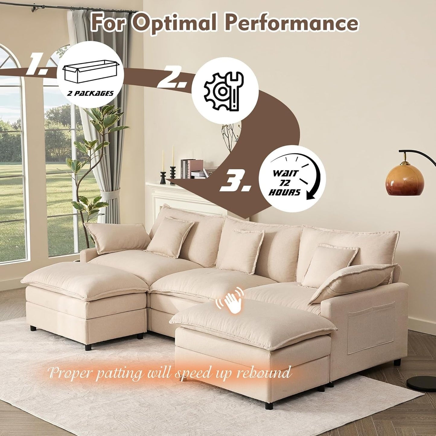 Canapé modulaire sectionnel en L 108 - Canapé Cloud 3 places avec pouf amovible et assise profonde, tissu en lin beige