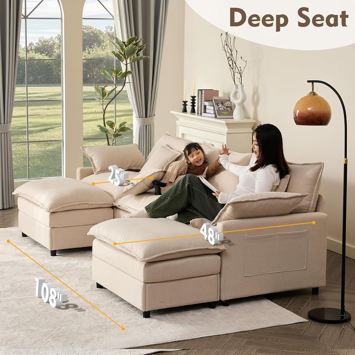 Canapé modulaire sectionnel en L 108 - Canapé Cloud 3 places avec pouf amovible et assise profonde, tissu en lin beige