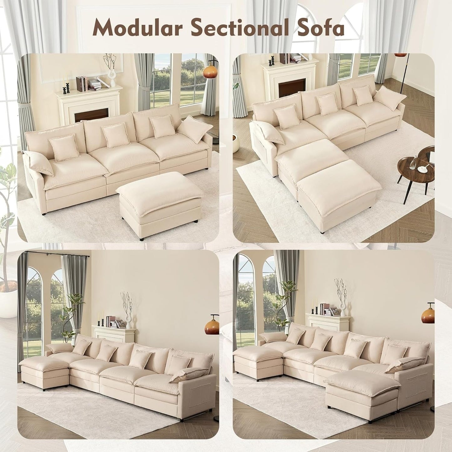Canapé modulaire sectionnel en L 108 - Canapé Cloud 3 places avec pouf amovible et assise profonde, tissu en lin beige