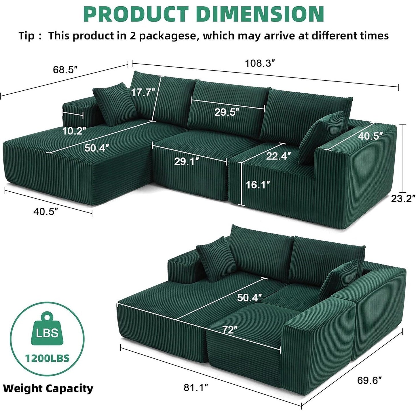 Canapé modulaire Cloud 108 - Canapé en L à assise profonde avec méridienne, canapé de salon et de chambre rembourré