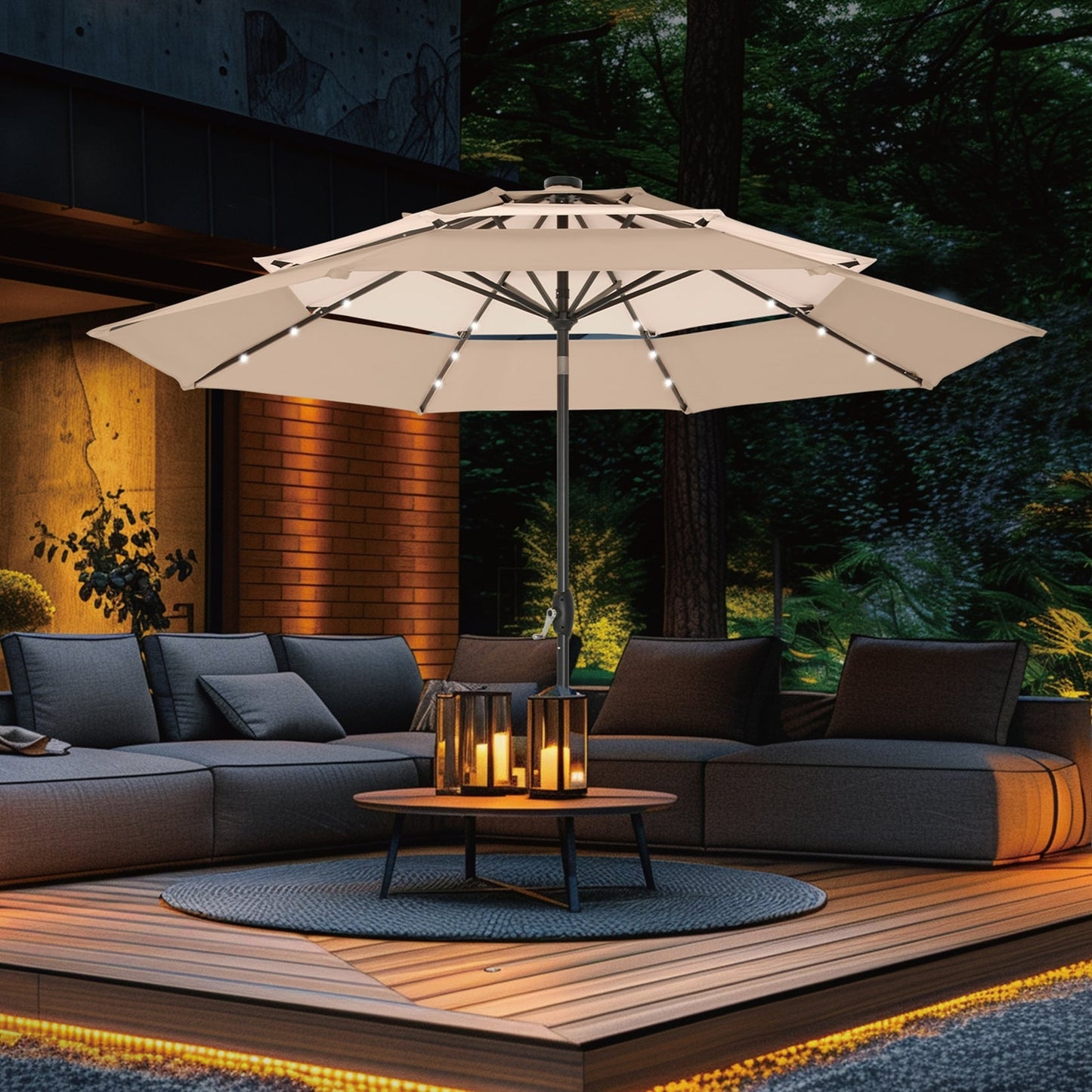 MAISON ARTS 10ft 3 Tier Auto-tilt Patio Umbrella Outdoor Double Vented Umbrella with LED Lights