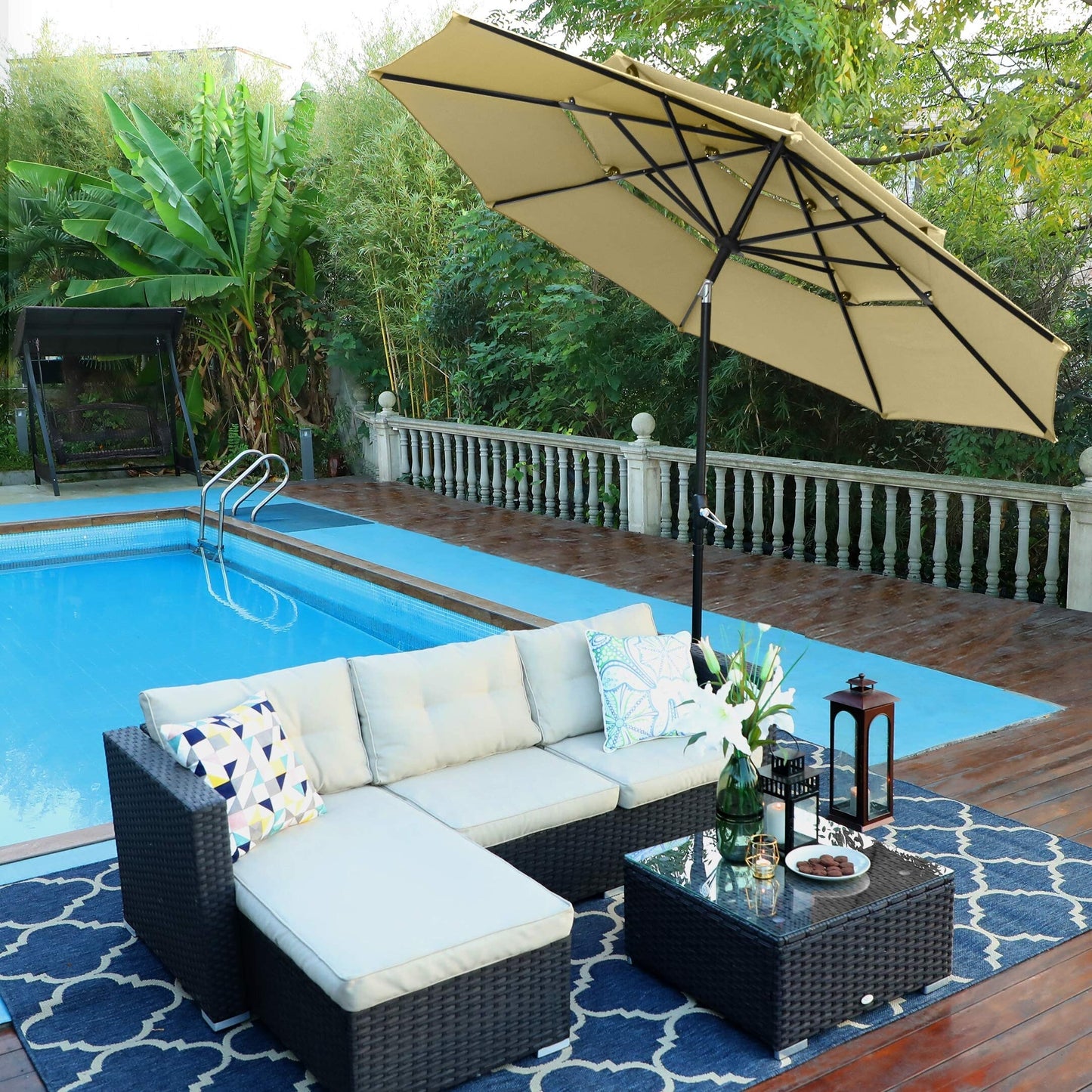 MAISON ARTS 10ft 3 Tier Auto-tilt Patio Umbrella Outdoor Double Vented Umbrella with LED Lights