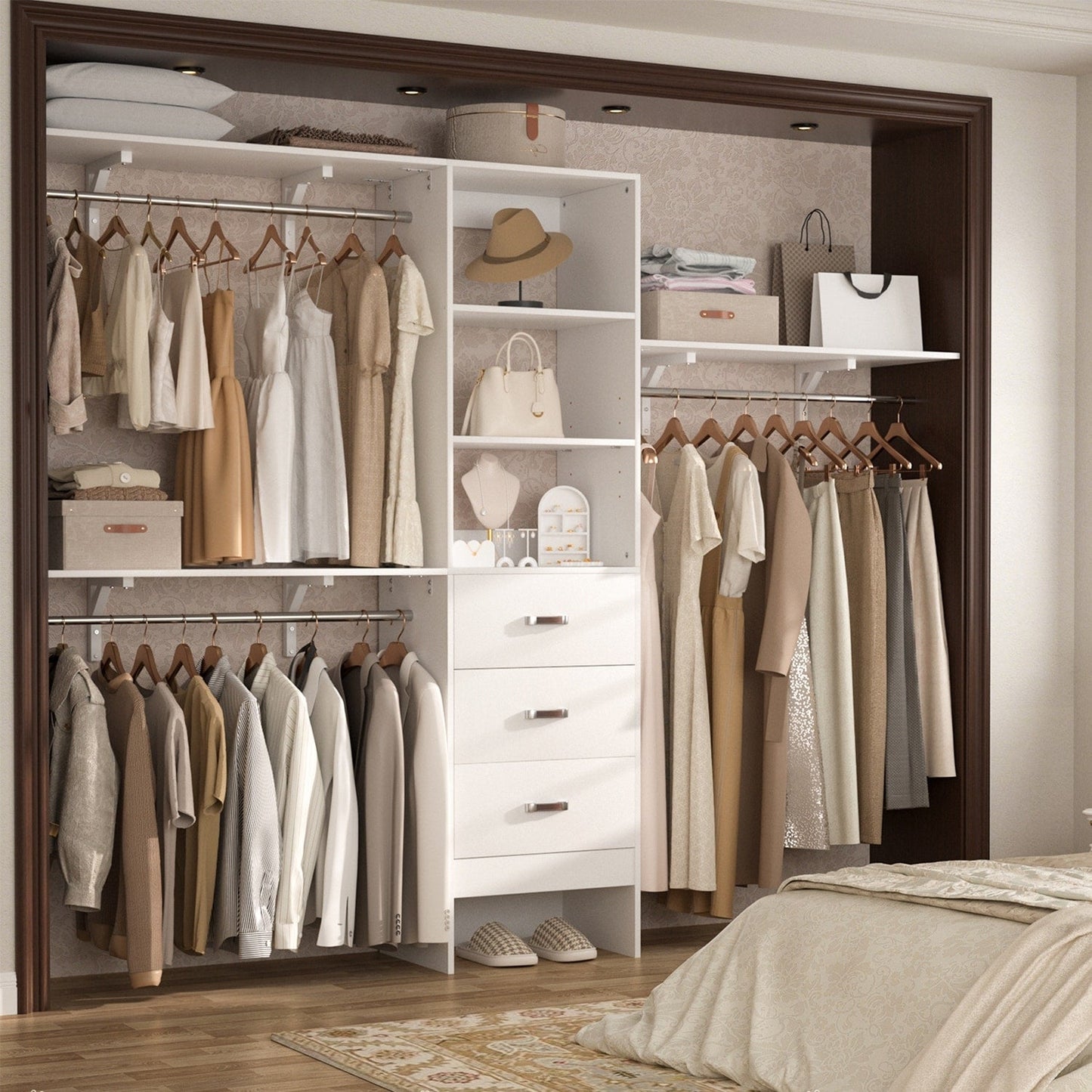 Rackcog 120'' Adjustable Closet Organizer with Drawers, Closet System with DIY Shelves for Reach-in and Walk-in Closet