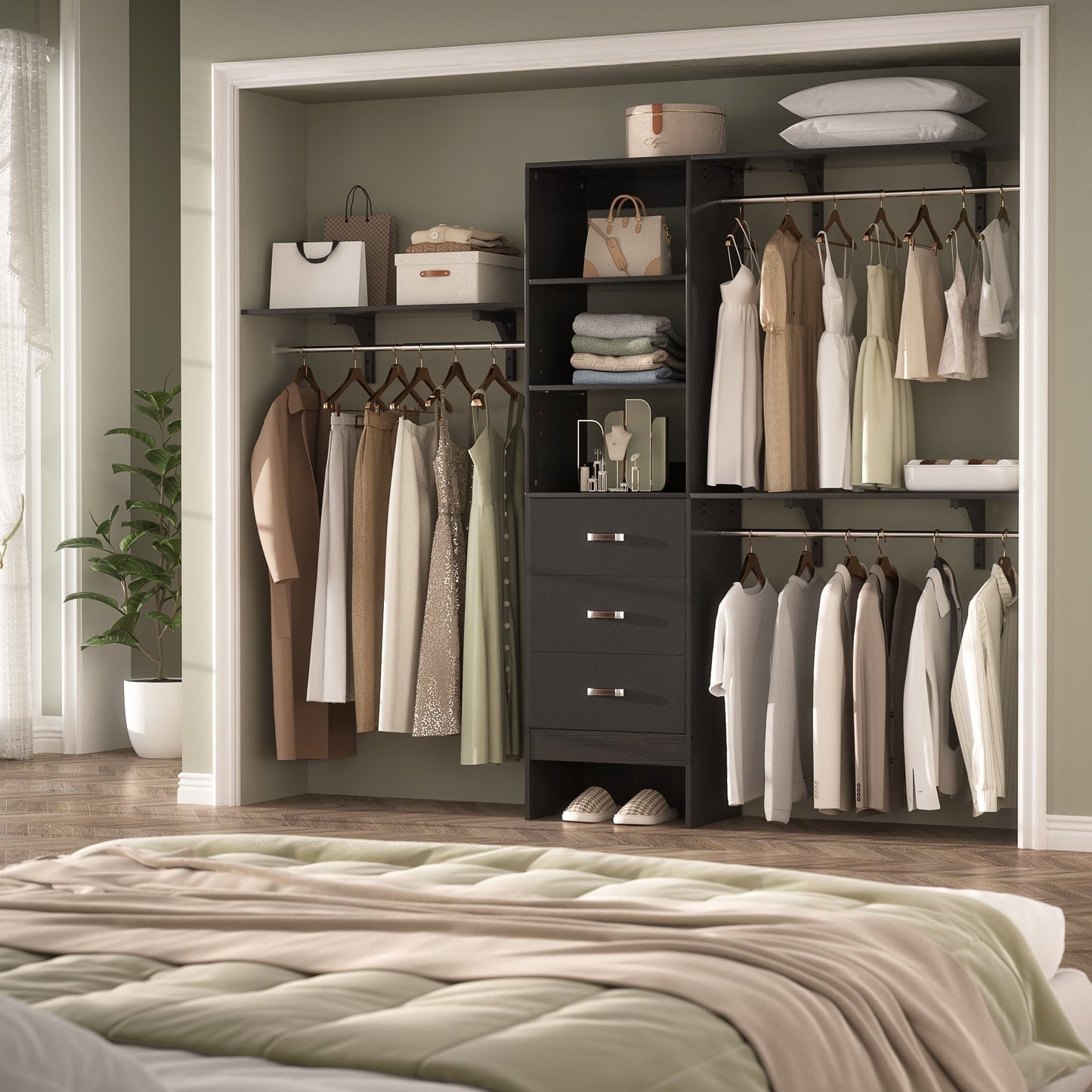 Rackcog 120'' Adjustable Closet Organizer with Drawers, Closet System with DIY Shelves for Reach-in and Walk-in Closet