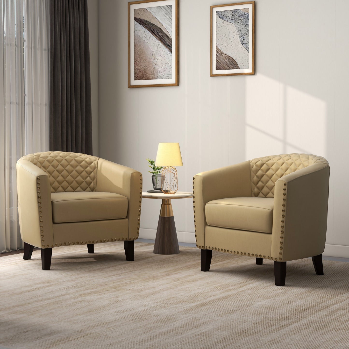 2 Set 29 W Vegan Leather Barrel Accent Chairs with Nailheads Trim