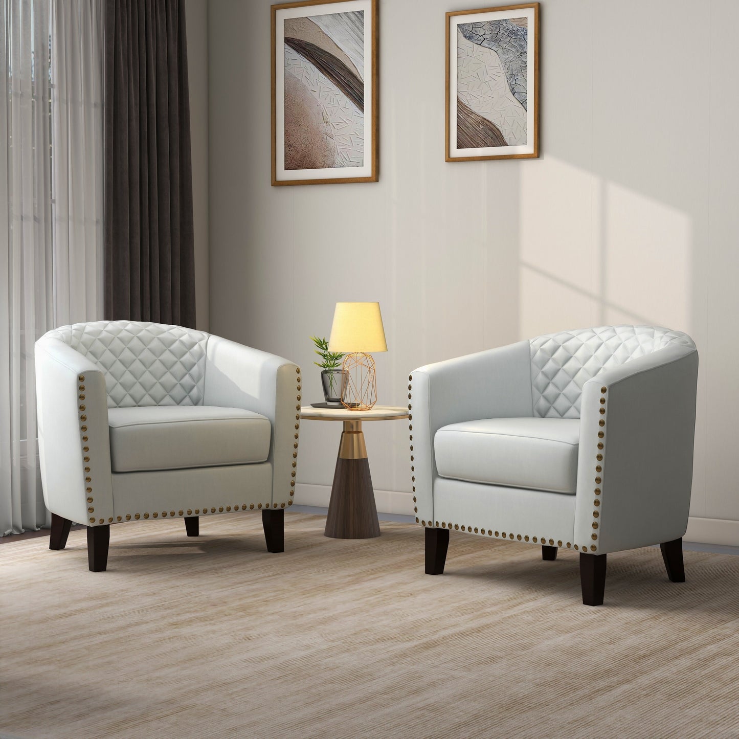 2 Set 29 W Vegan Leather Barrel Accent Chairs with Nailheads Trim