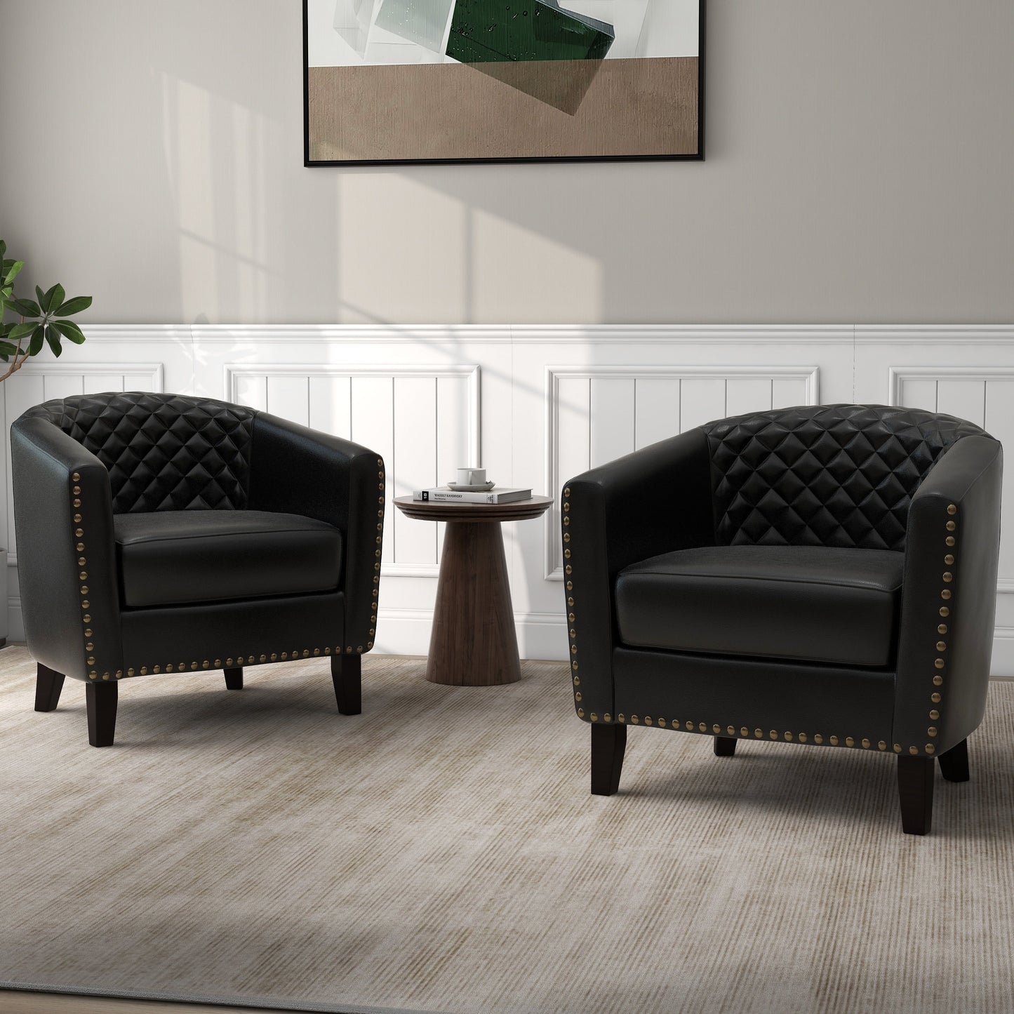 2 Set 29 W Vegan Leather Barrel Accent Chairs with Nailheads Trim