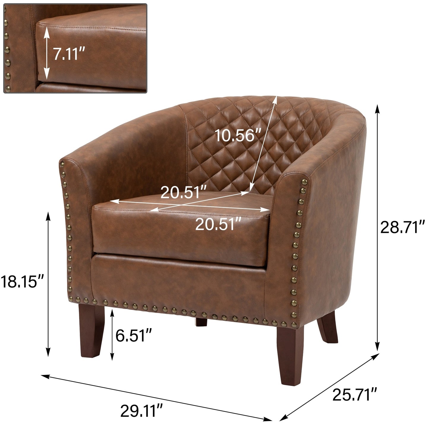 2 Set 29 W Vegan Leather Barrel Accent Chairs with Nailheads Trim