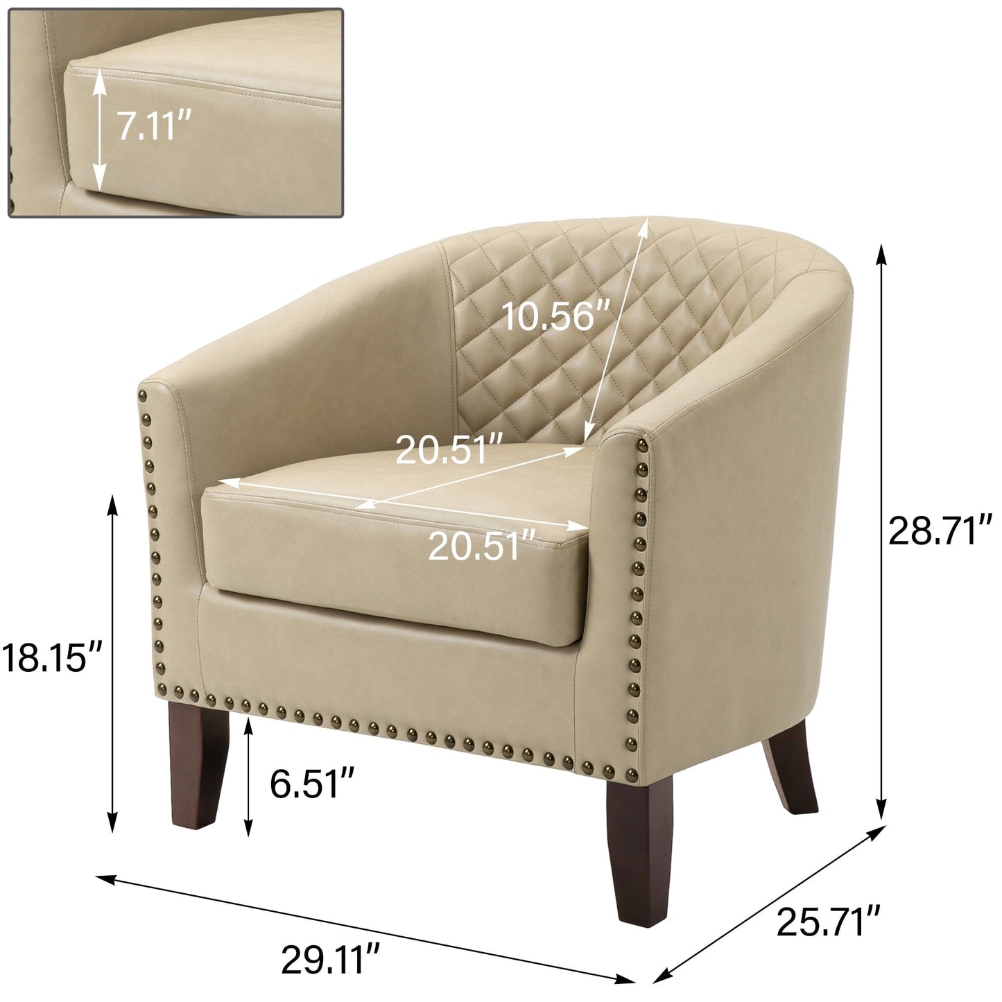 2 Set 29 W Vegan Leather Barrel Accent Chairs with Nailheads Trim