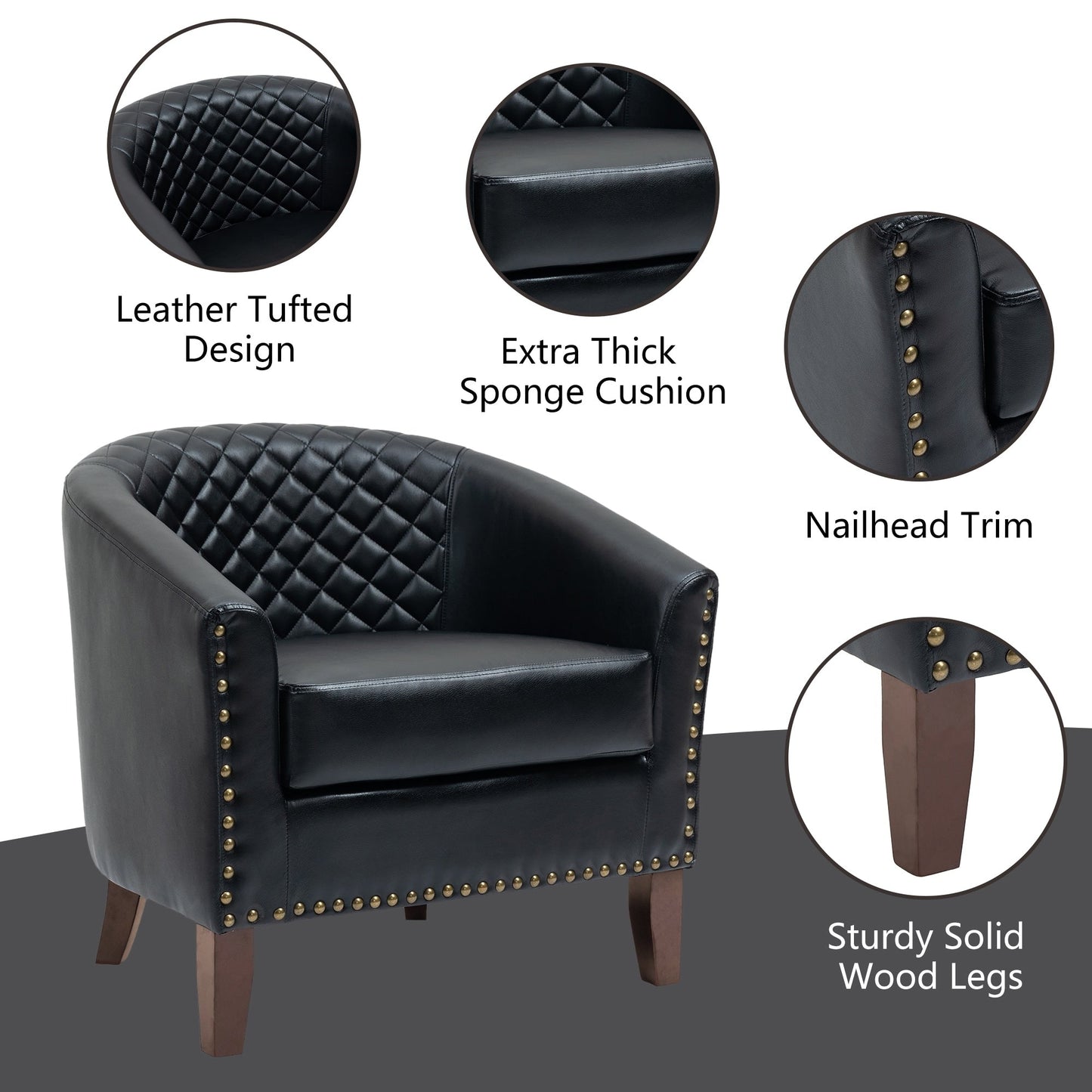 2 Set 29 W Vegan Leather Barrel Accent Chairs with Nailheads Trim