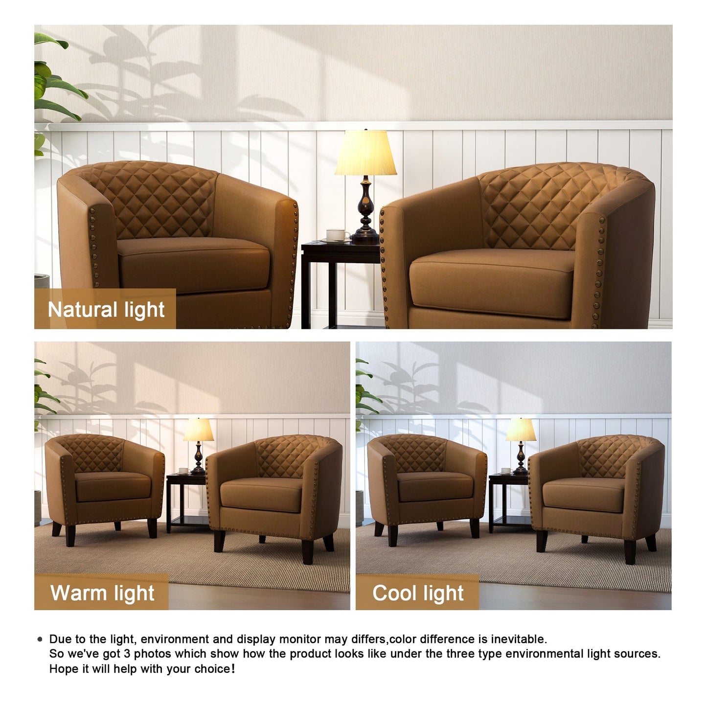 2 Set 29 W Vegan Leather Barrel Accent Chairs with Nailheads Trim