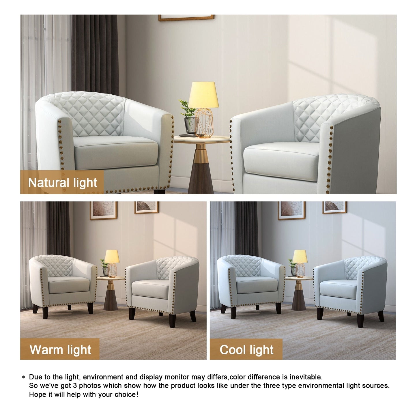 2 Set 29 W Vegan Leather Barrel Accent Chairs with Nailheads Trim