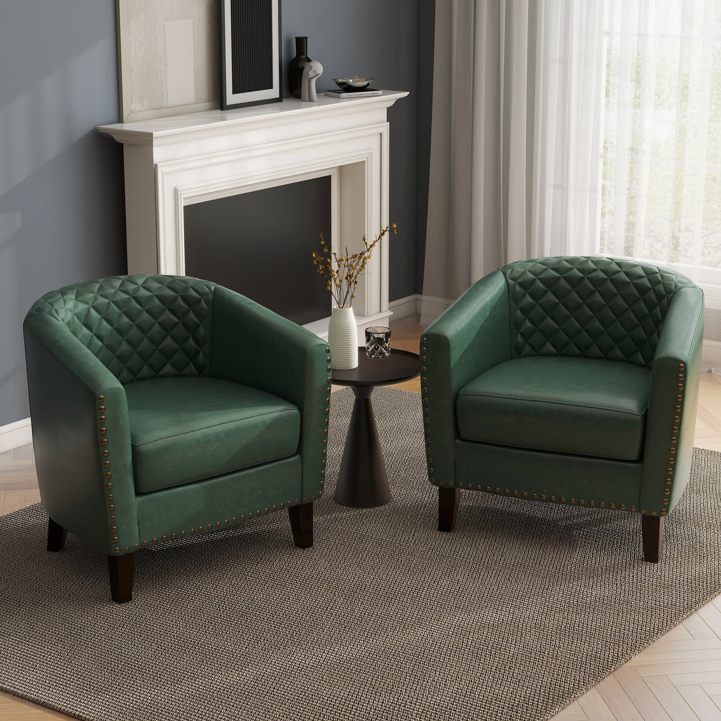 2 Set 29 W Vegan Leather Barrel Accent Chairs with Nailheads Trim