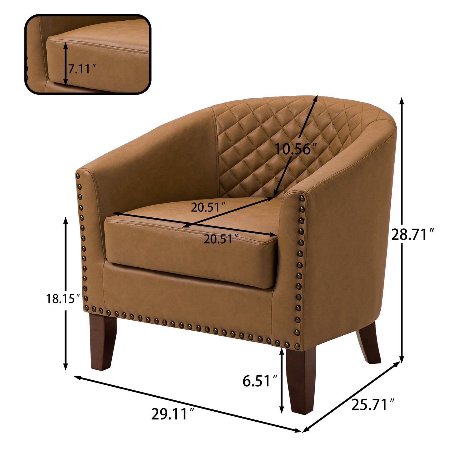 2 Set 29 W Vegan Leather Barrel Accent Chairs with Nailheads Trim