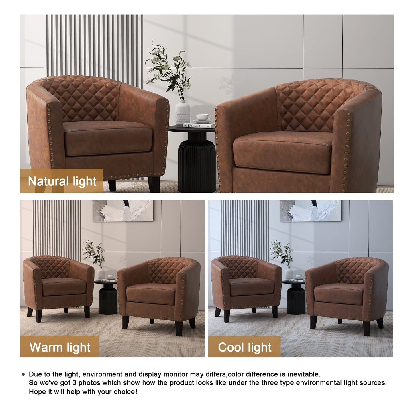 2 Set 29 W Vegan Leather Barrel Accent Chairs with Nailheads Trim