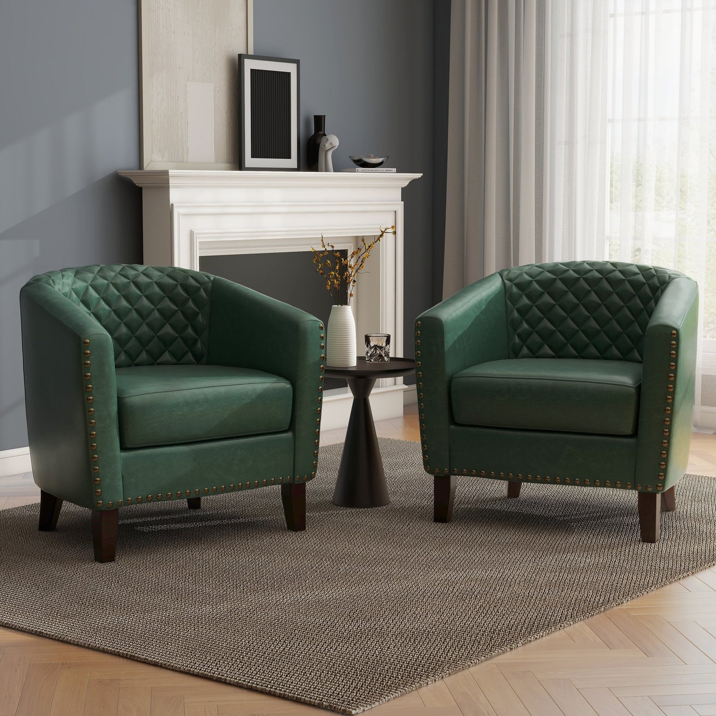 2 Set 29 W Vegan Leather Barrel Accent Chairs with Nailheads Trim