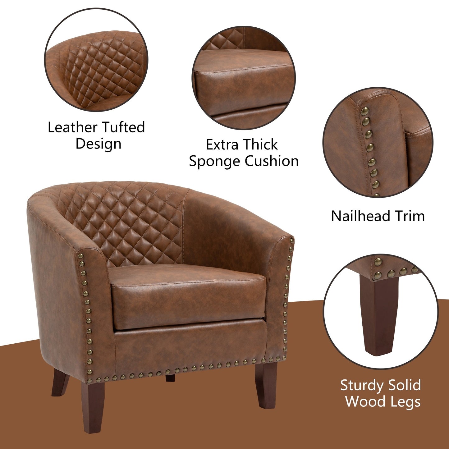 2 Set 29 W Vegan Leather Barrel Accent Chairs with Nailheads Trim