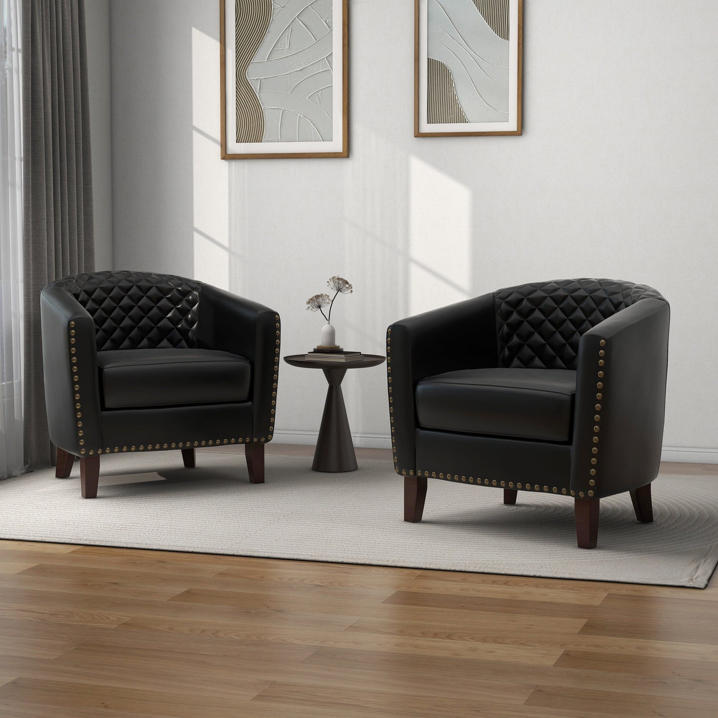 2 Set 29 W Vegan Leather Barrel Accent Chairs with Nailheads Trim