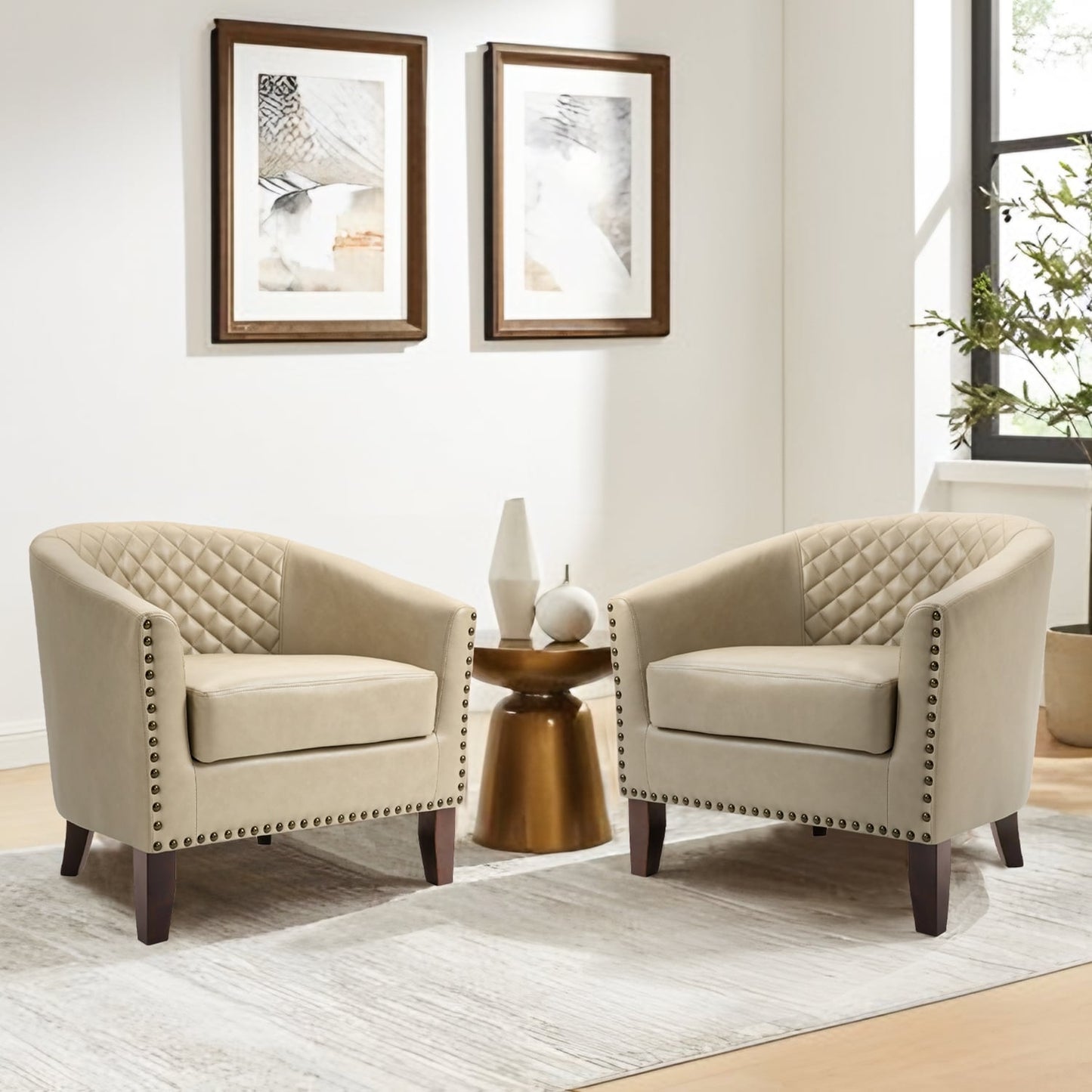 2 Set 29 W Vegan Leather Barrel Accent Chairs with Nailheads Trim