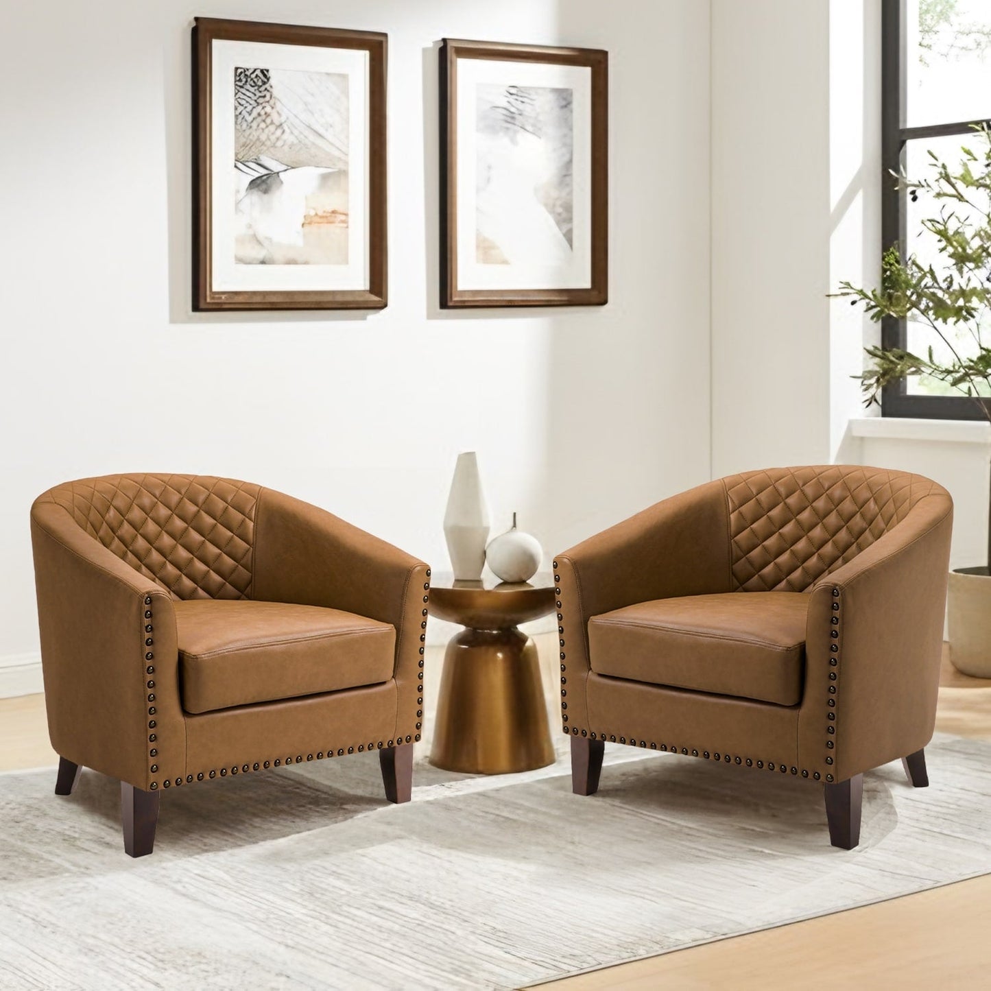 2 Set 29 W Vegan Leather Barrel Accent Chairs with Nailheads Trim