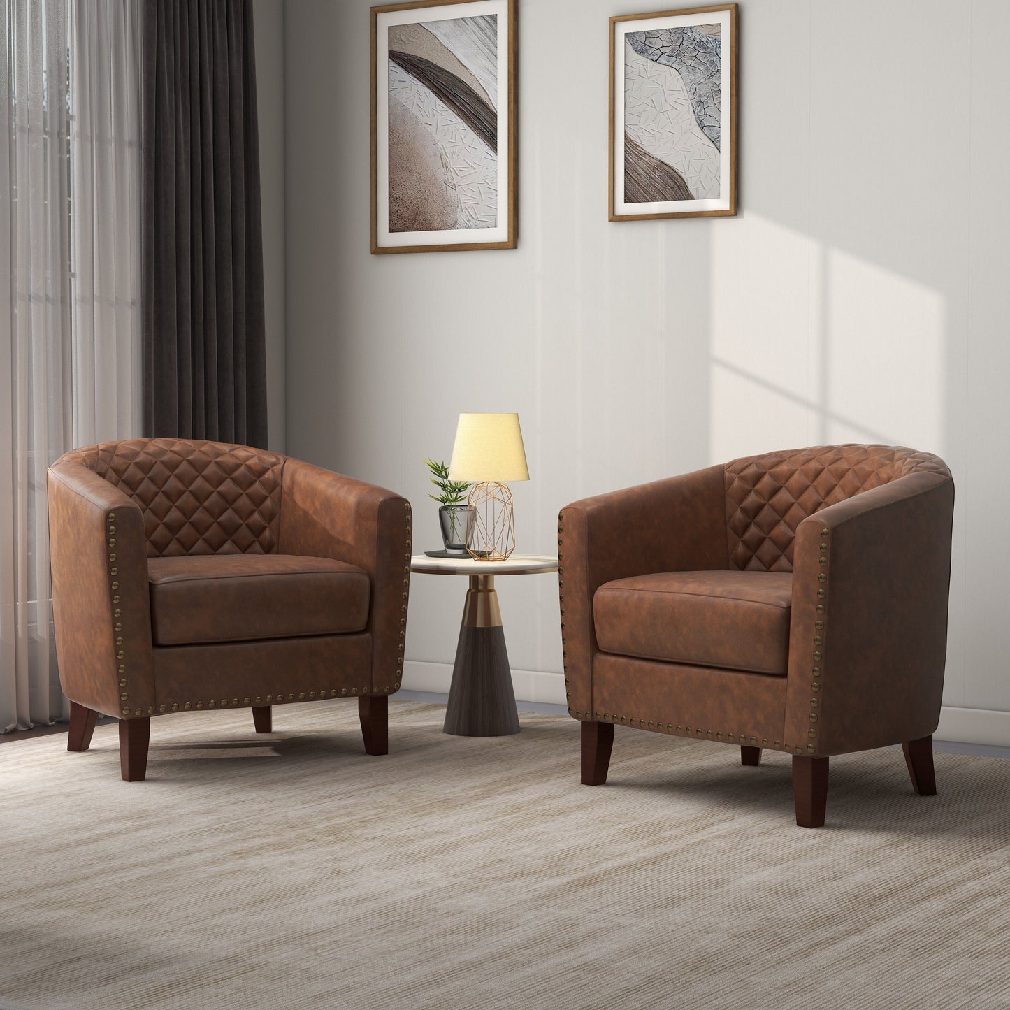 2 Set 29 W Vegan Leather Barrel Accent Chairs with Nailheads Trim
