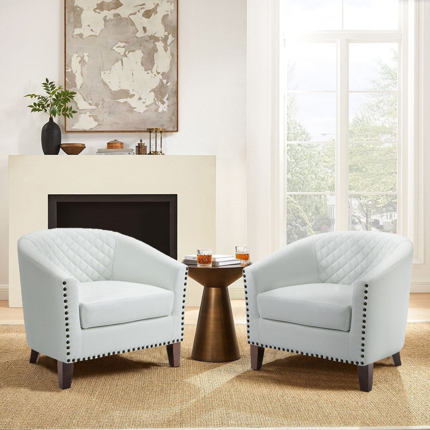 2 Set 29 W Vegan Leather Barrel Accent Chairs with Nailheads Trim