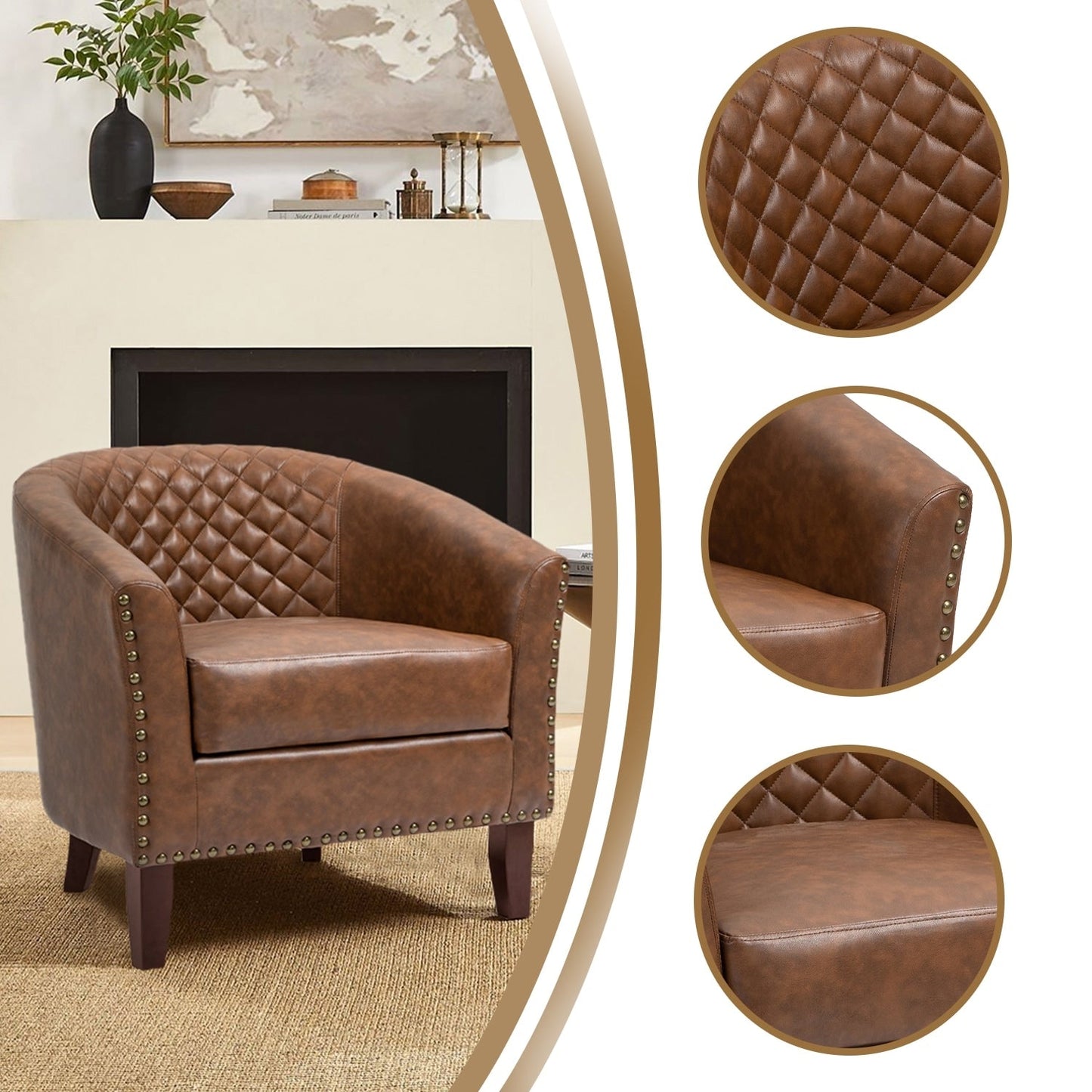 2 Set 29 W Vegan Leather Barrel Accent Chairs with Nailheads Trim