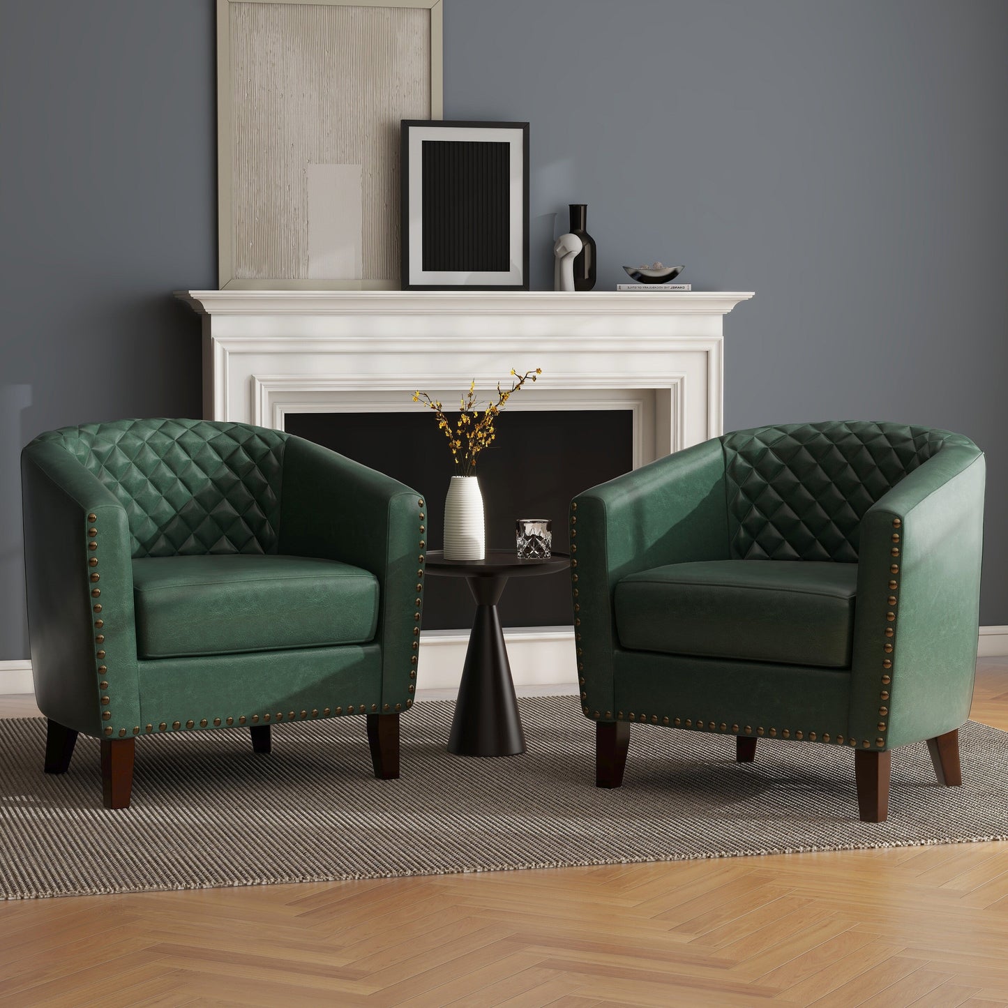 2 Set 29 W Vegan Leather Barrel Accent Chairs with Nailheads Trim