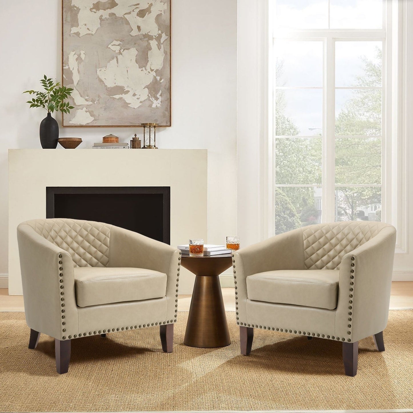 2 Set 29 W Vegan Leather Barrel Accent Chairs with Nailheads Trim