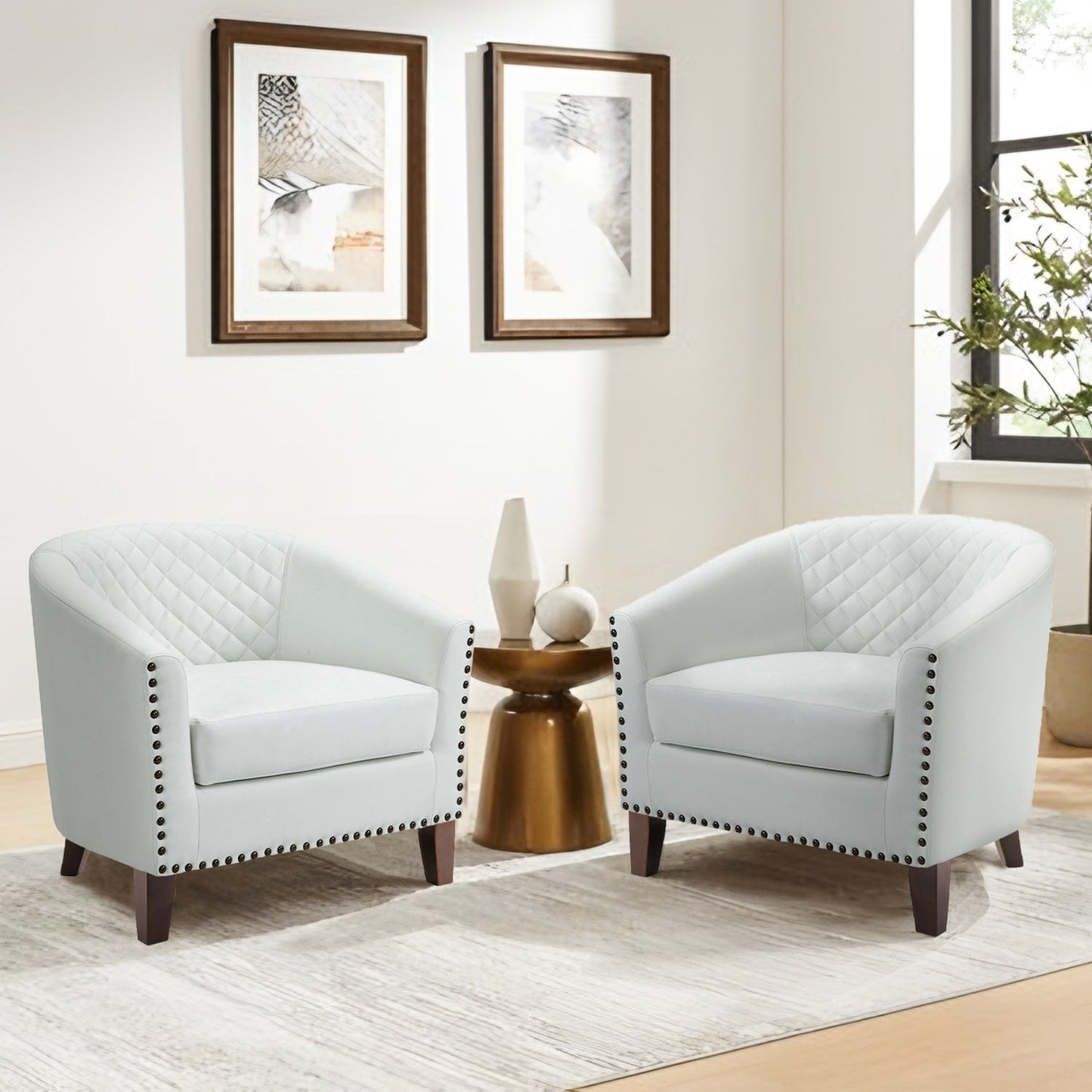 2 Set 29 W Vegan Leather Barrel Accent Chairs with Nailheads Trim